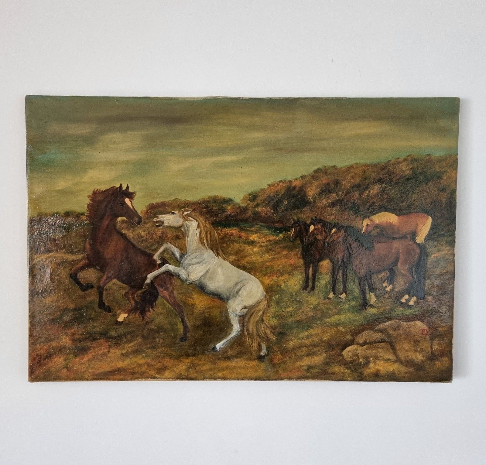 Large Vintage Oil Painting On Canvas Horses On Moorland Landscape Mid Century