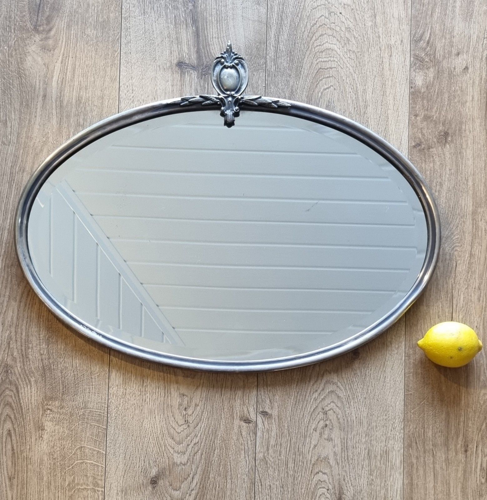 Early 20th Century Oval Silver Tone Metal Mirror Ornate Crest Bevelled Edge photo furniture