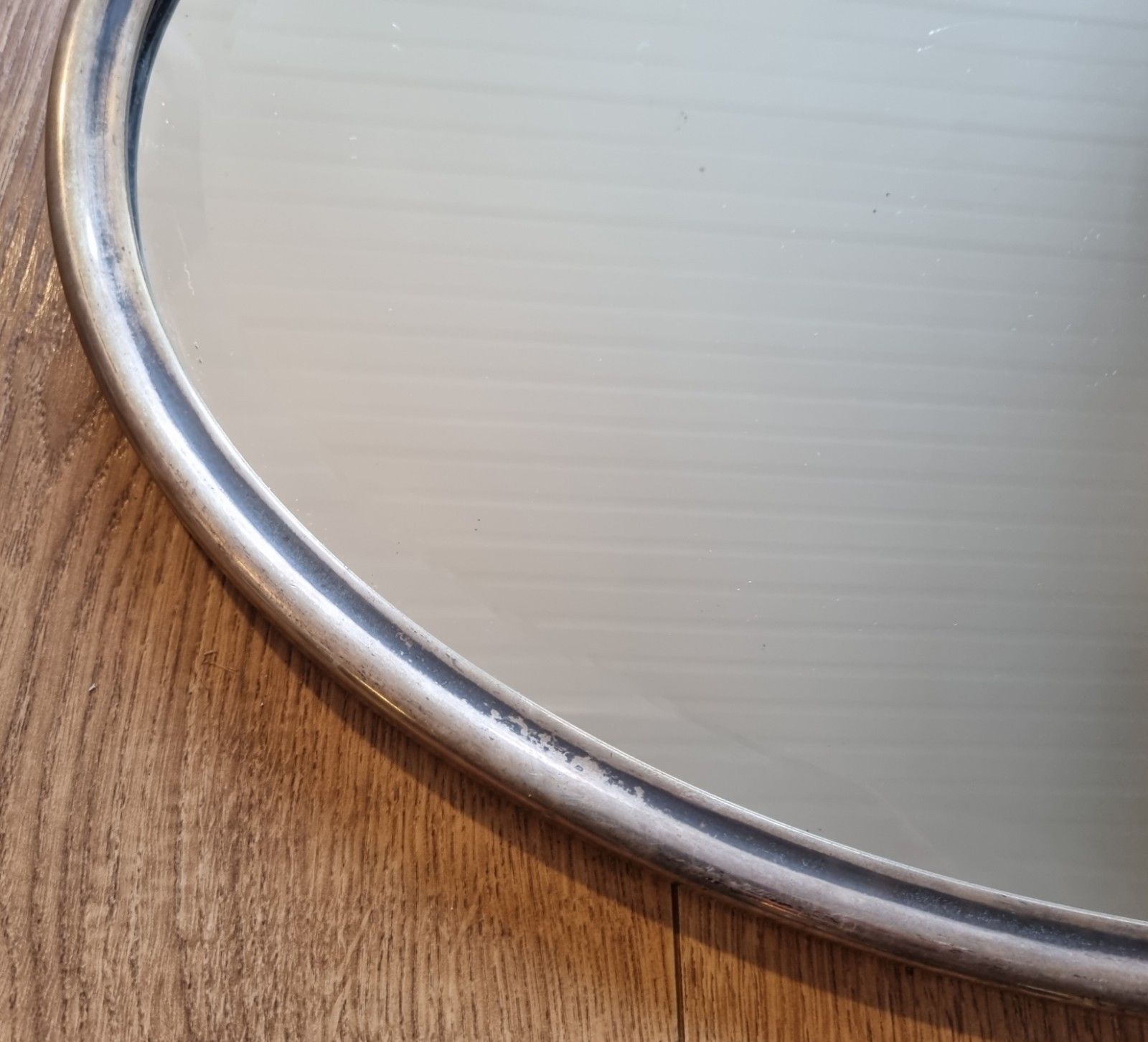 Early 20th Century Oval Silver Tone Metal Mirror Ornate Crest Bevelled Edge photo buy