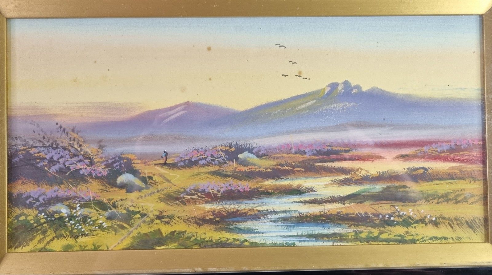 Early 20th Century Gouache Watercolour Painting Landscape Framed  By J. Monti photo furniture