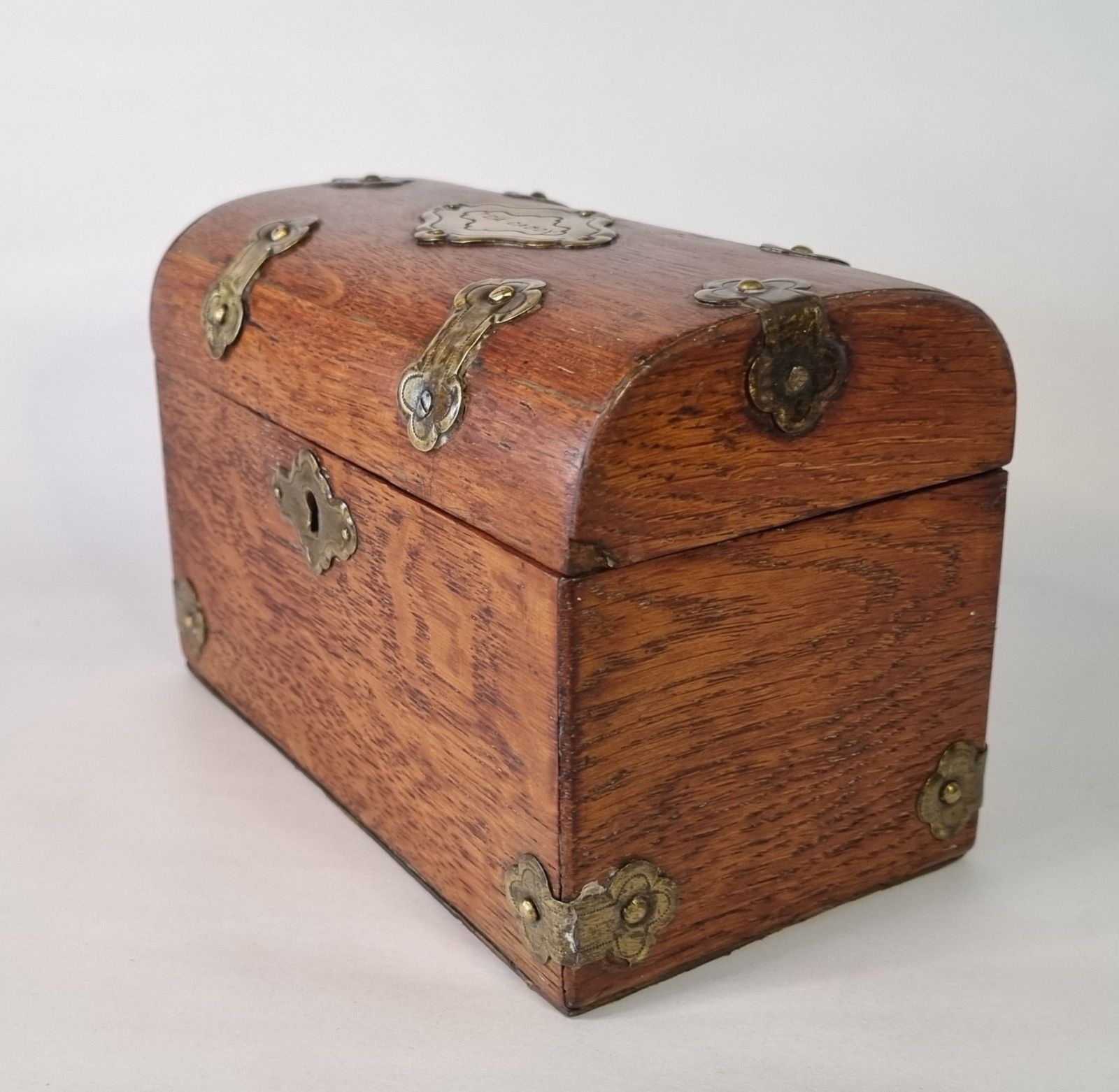 Small Antique Tea Caddy Wooden With Brass Mounts Domed Top Two Compartments photo 85.0