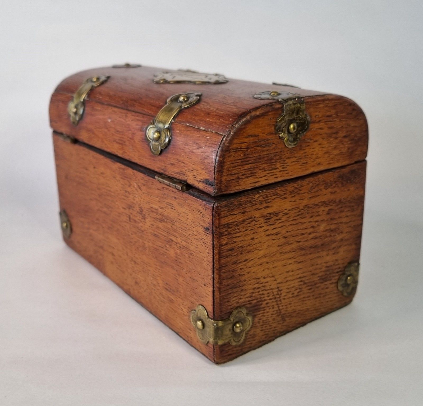 Small Antique Tea Caddy Wooden With Brass Mounts Domed Top Two Compartments photo buy