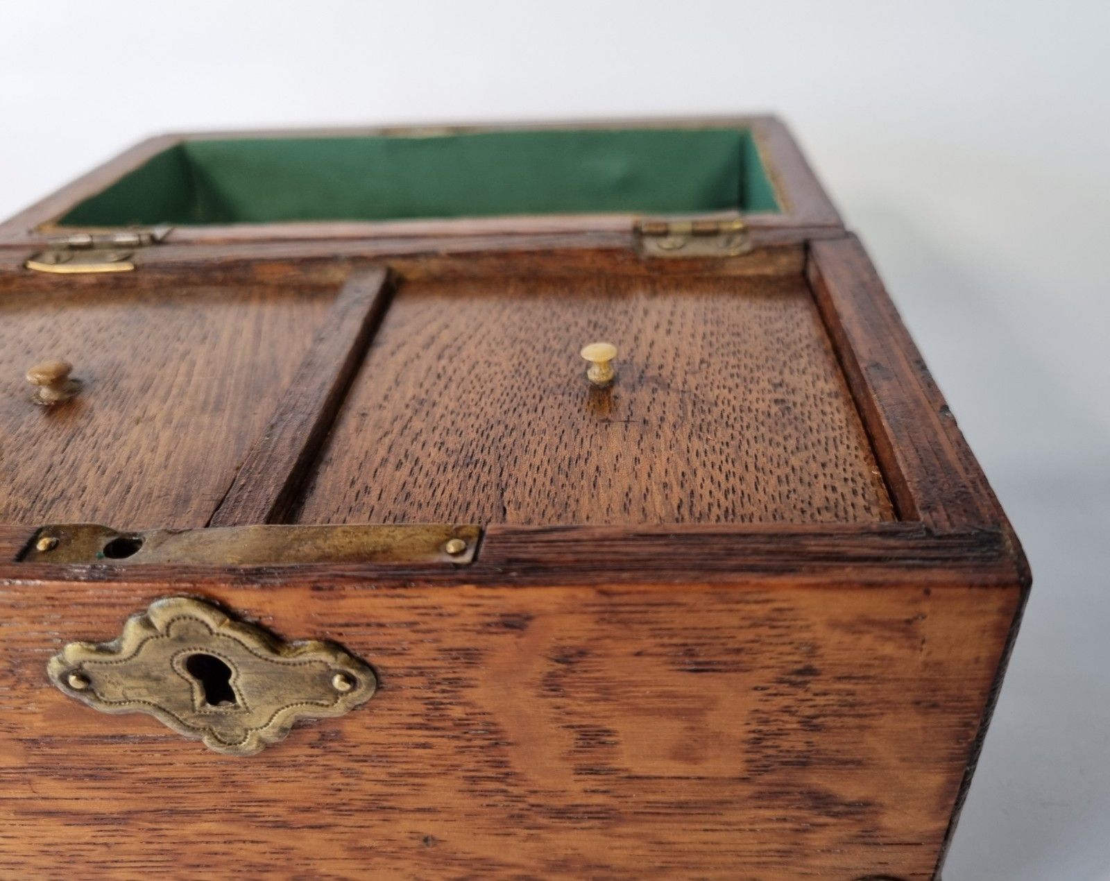 photo for sale Small Antique Tea Caddy Wooden With Brass Mounts Domed Top Two Compartments