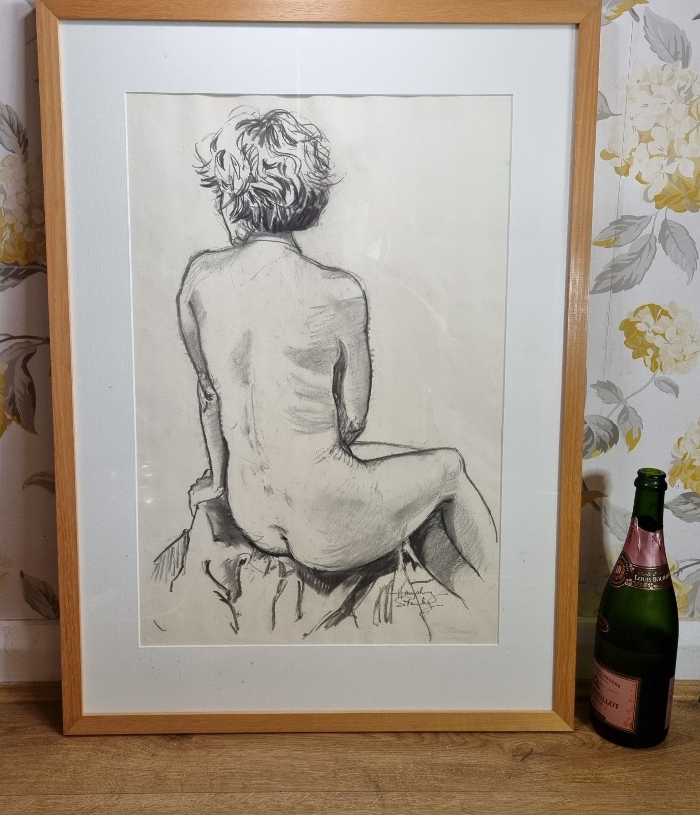 Large Framed Original Charcoal On Paper Life Drawing Nude Woman Female Signed photo furniture