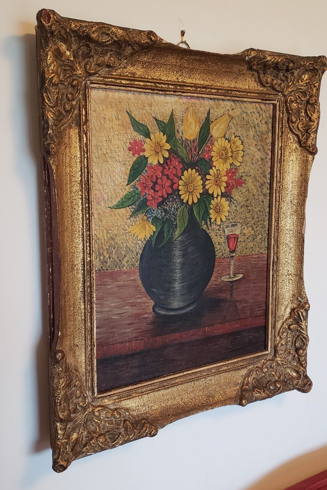 Large Vintage Mid Century Oil Canvas Still Life Flowers Ornate Frame Signed 1952 photo for sale