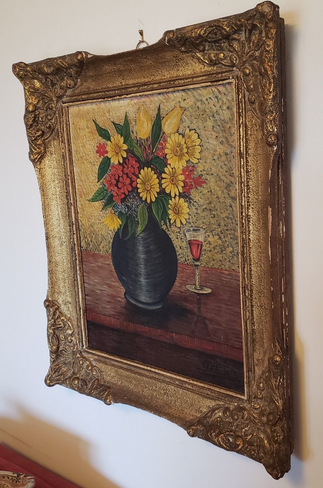 Large Vintage Mid Century Oil Canvas Still Life Flowers Ornate Frame Signed 1952 photo Art