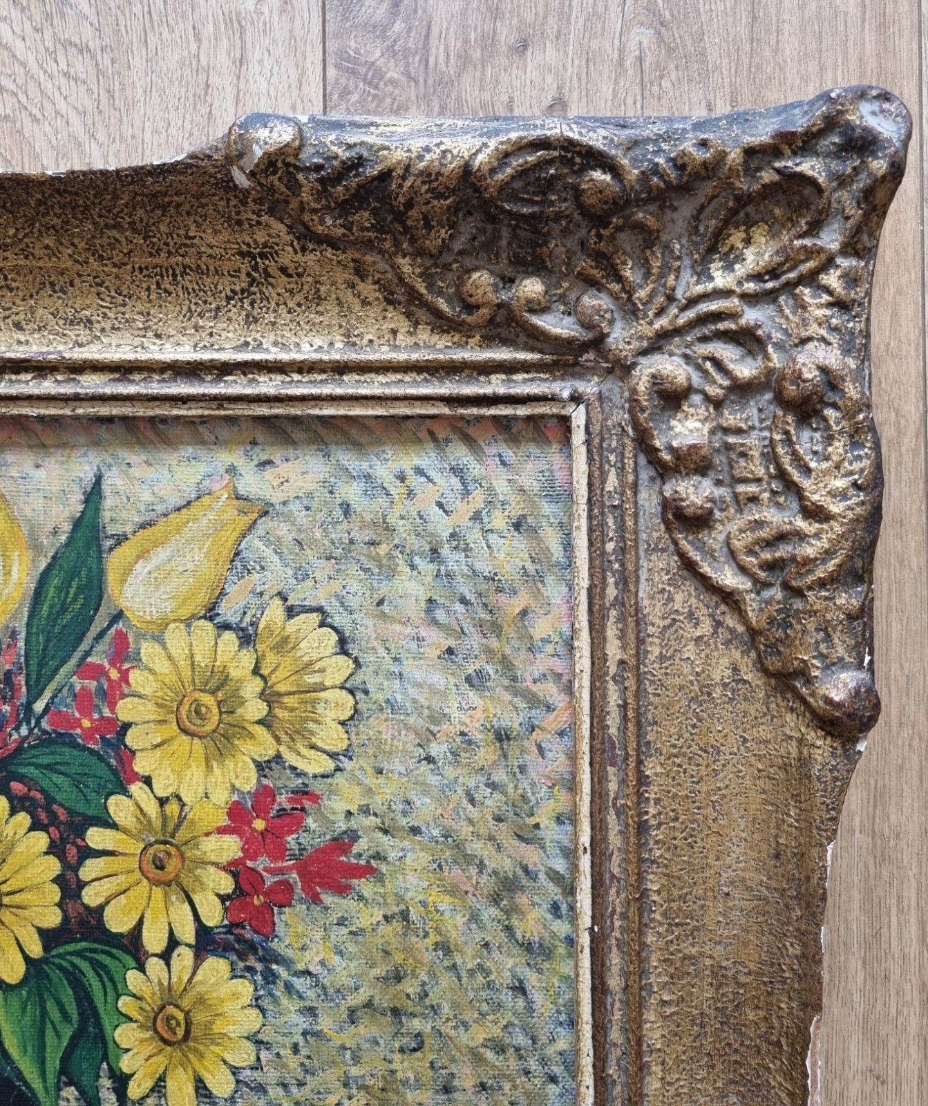 146.0 Large Vintage Mid Century Oil Canvas Still Life Flowers Ornate Frame Signed 1952 photo