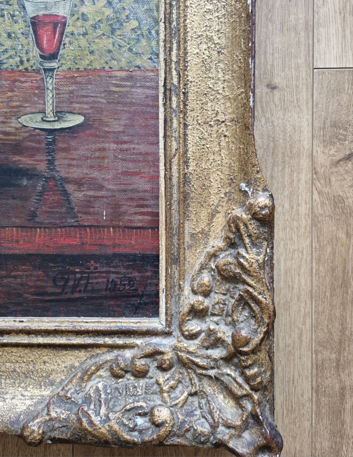 photo vinterior Large Vintage Mid Century Oil Canvas Still Life Flowers Ornate Frame Signed 1952