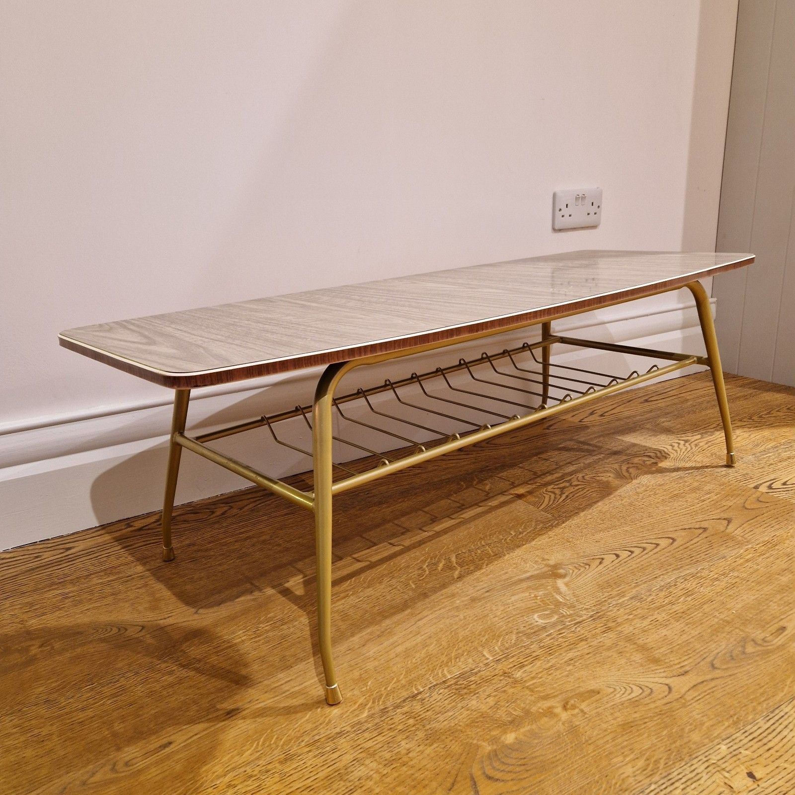 Restored Mid Century Modern Coffee Table | Gold Metal Legs & Melamine Top photo furniture