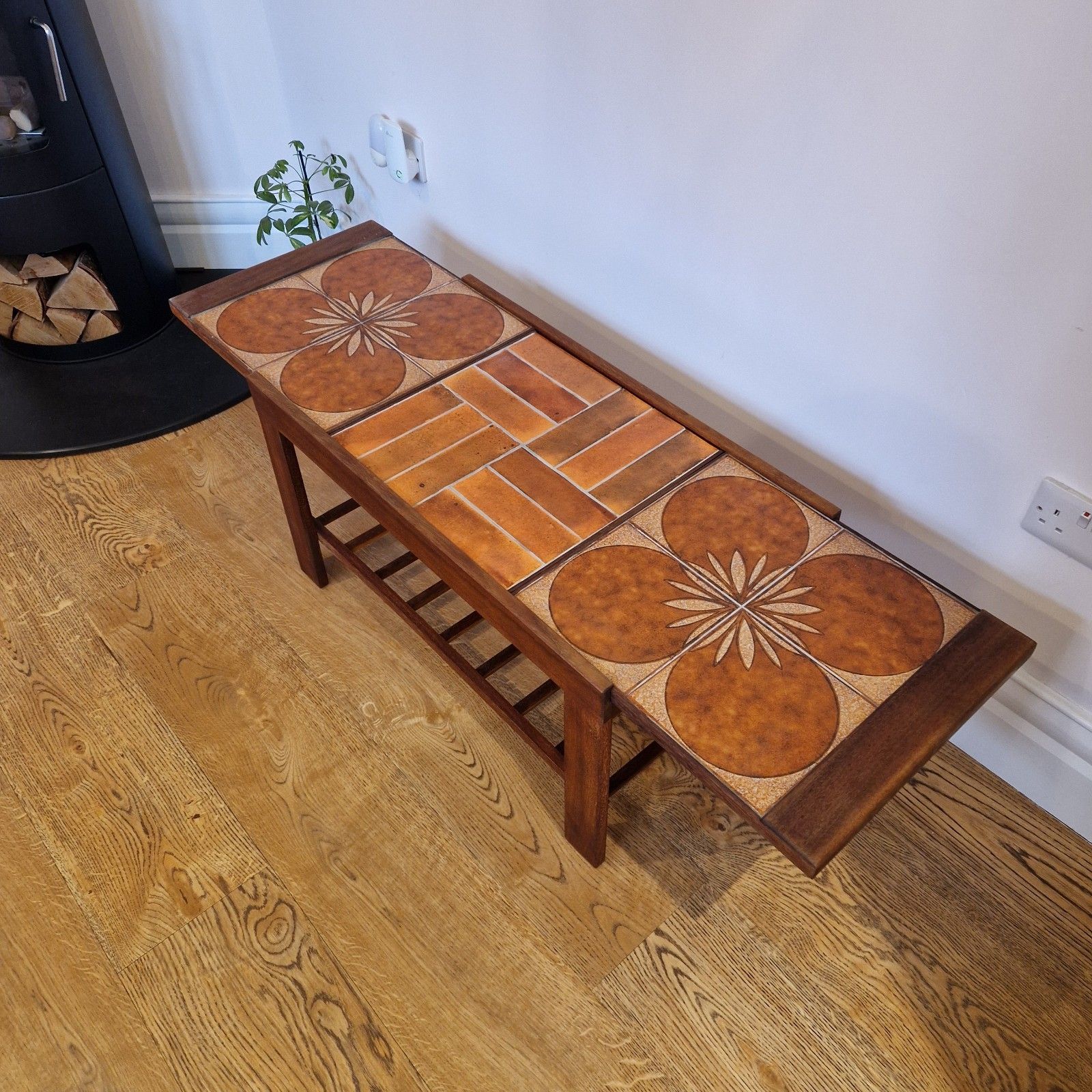 photo furniture Mid Century Coffee Table – Teak Wood Floral Ceramic Tile Design & Lower Shelf