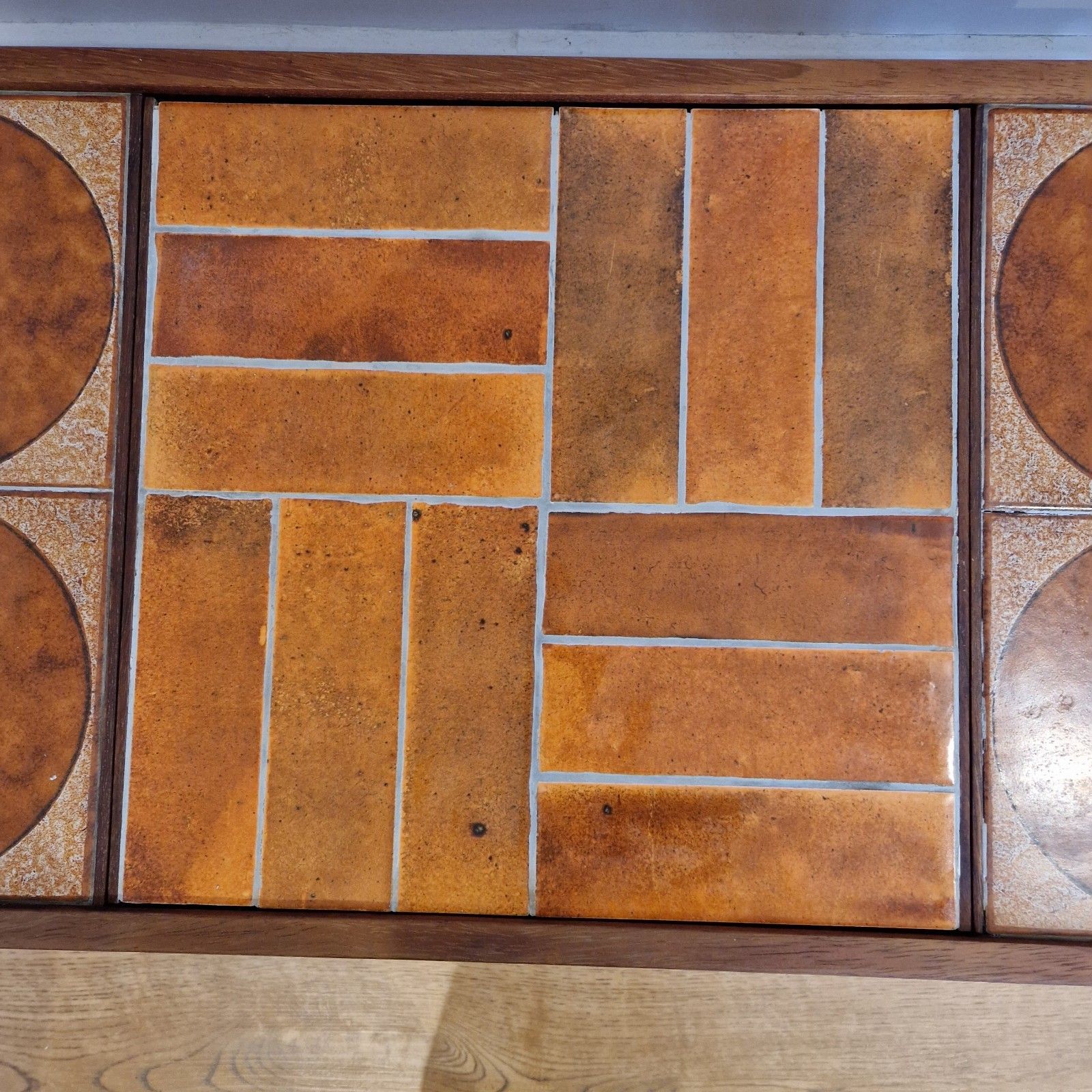 Furniture Mid Century Coffee Table – Teak Wood Floral Ceramic Tile Design & Lower Shelf photo