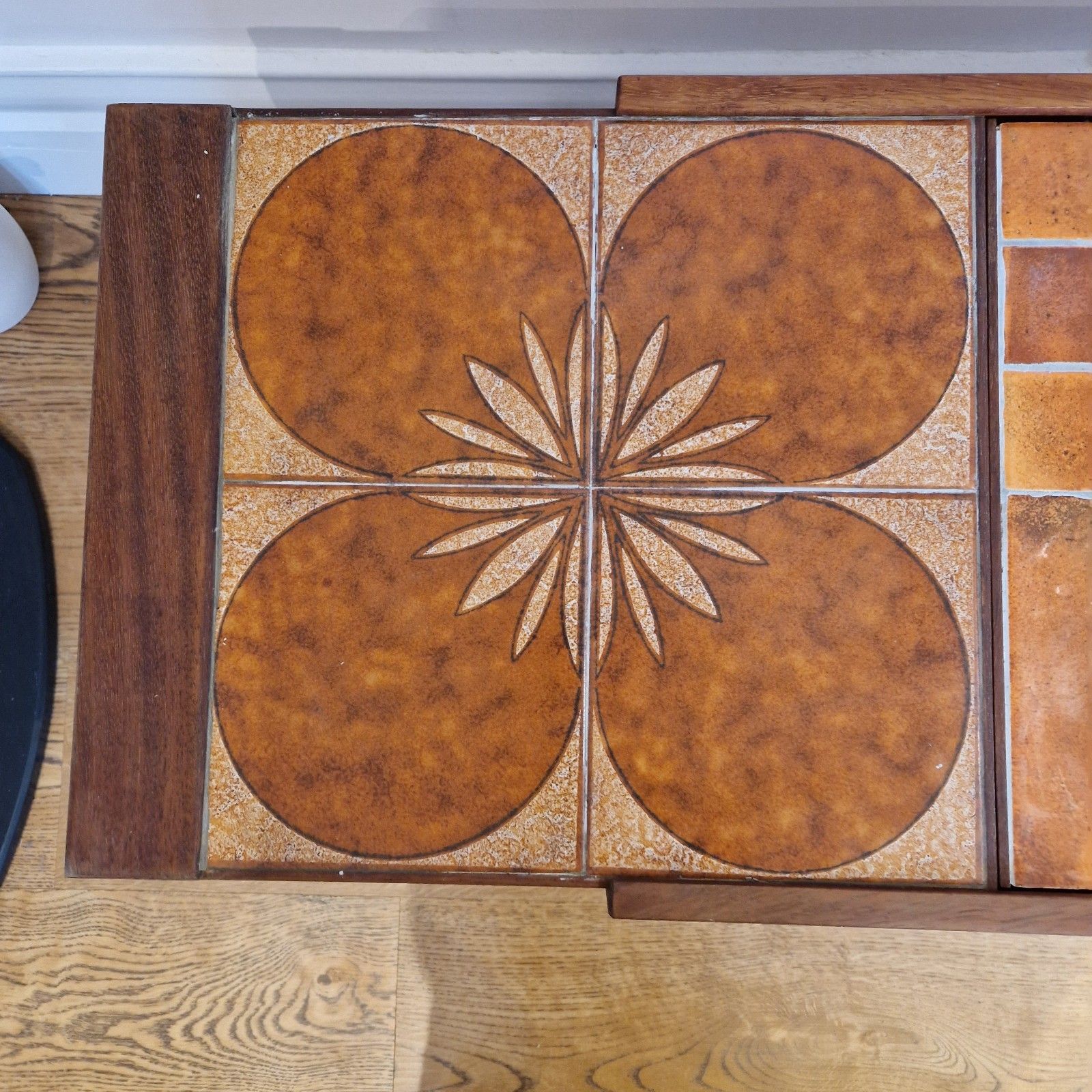 235.0 Mid Century Coffee Table – Teak Wood Floral Ceramic Tile Design & Lower Shelf photo