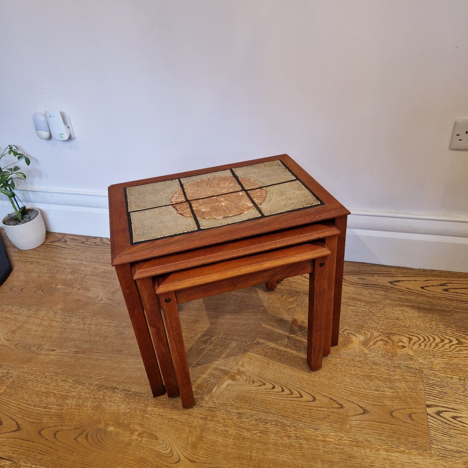 Mid Century Modern Trioh Nest Of Tables Teak With Mosaic Sunburst Top Danish photo for sale