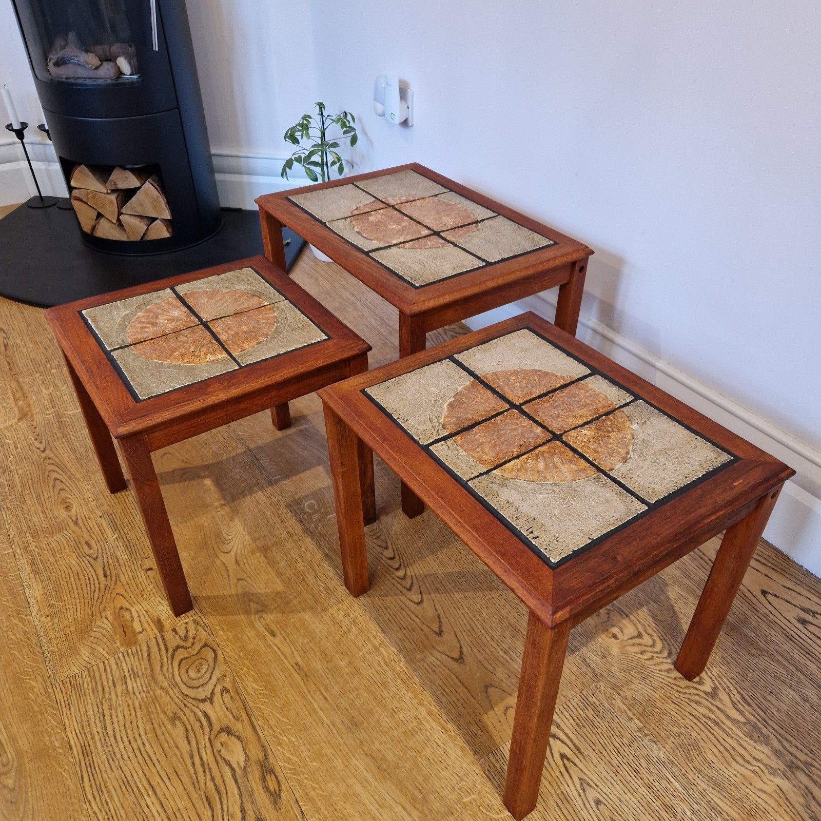 Mid Century Modern Trioh Nest Of Tables Teak With Mosaic Sunburst Top Danish photo buy