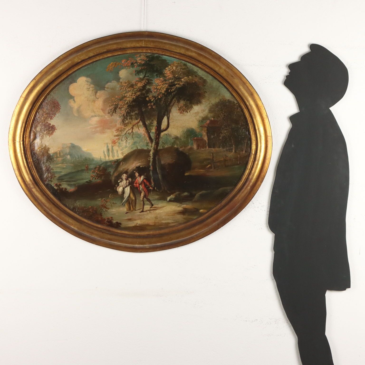 Oval Painting Landscape With Figures Oil On Canvas XIX XX Century photo for sale