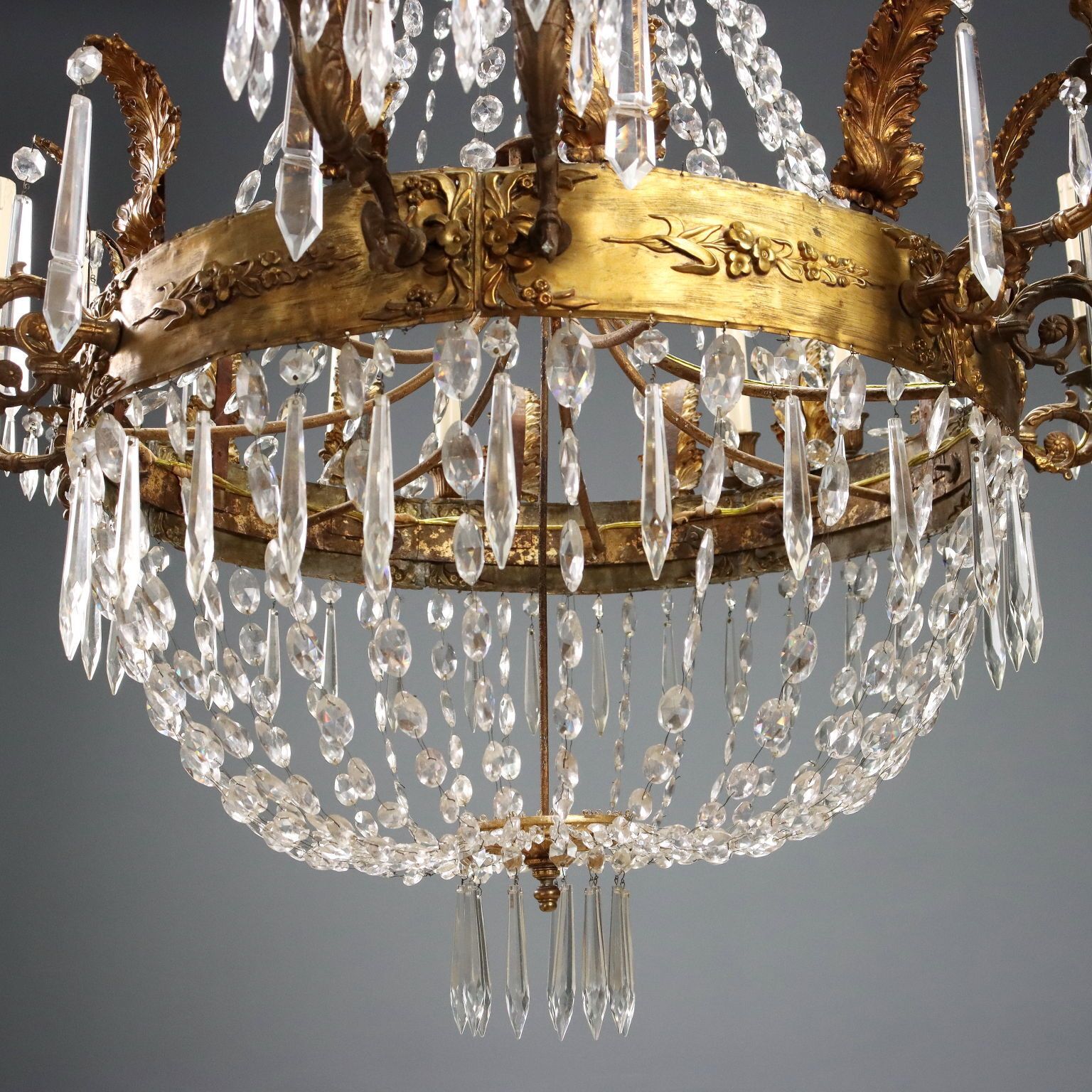 Lighting Antique Balloon Shaped Chandelier Gilded Metal Glass XIX Century photo
