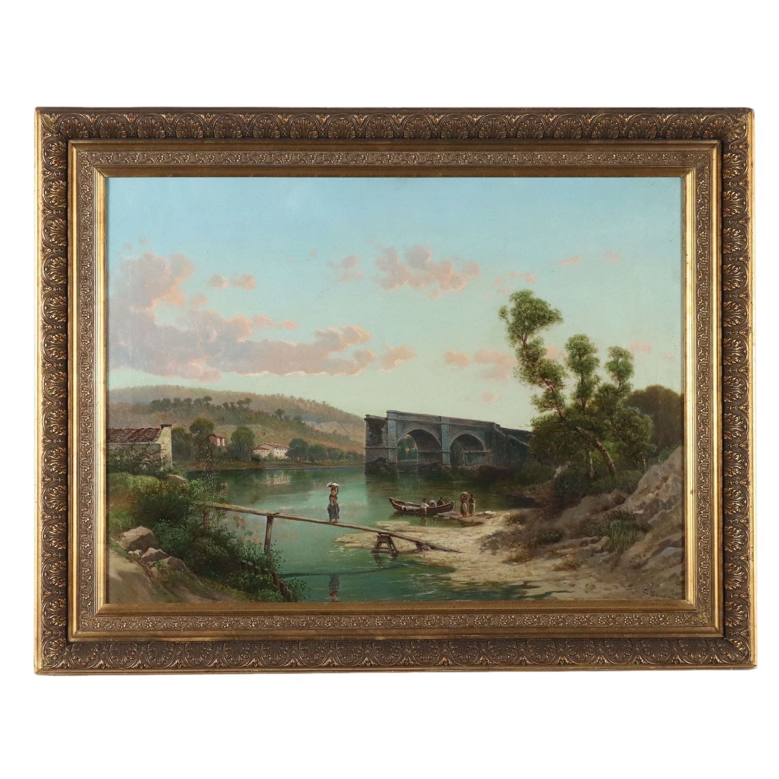 Antique Painting Signed Emilio Donnini Landscape With River '800