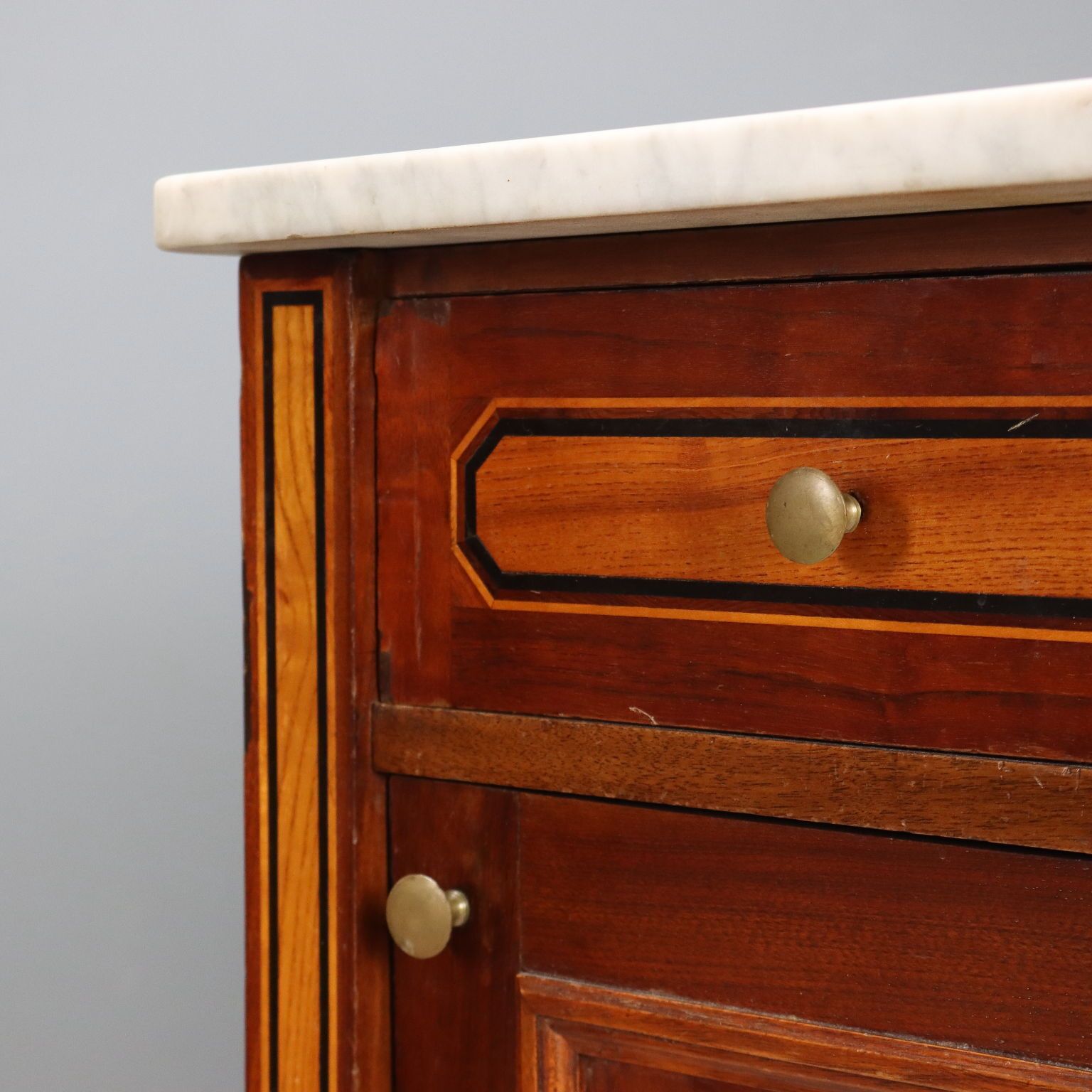 Antique Bedside Table Mahoganu Veneer White Marble XX Century photo 520.0