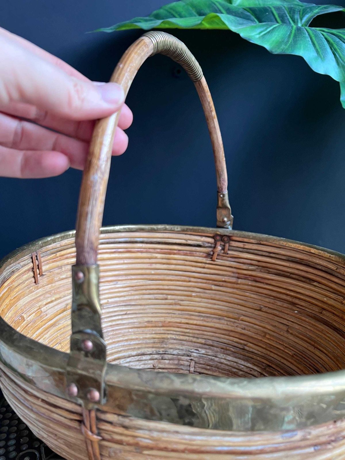 Vintage 1960s Pencil Reed And Brass Basket, Gabriella Crespi Style Decor photo for sale
