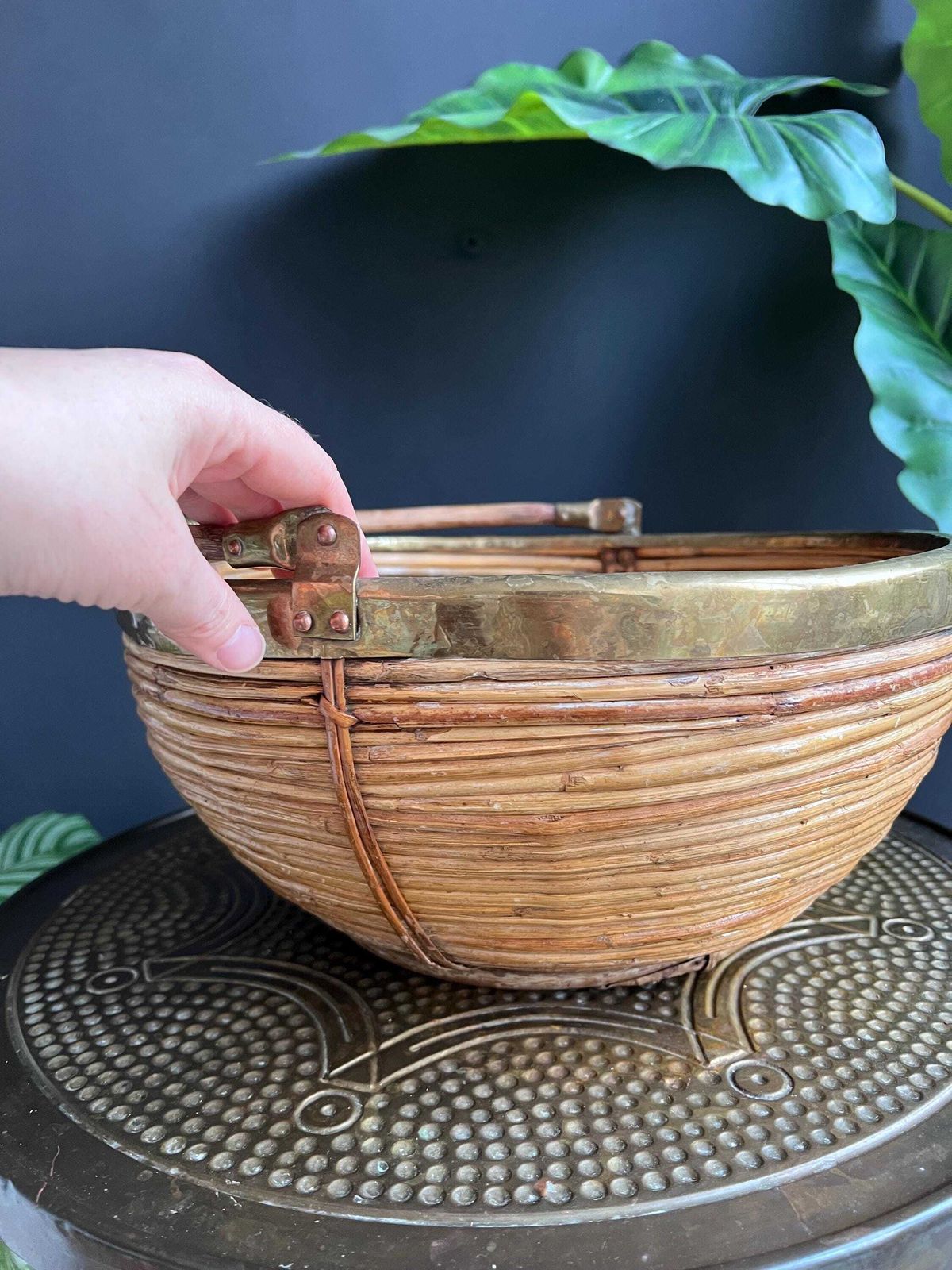 Vintage 1960s Pencil Reed And Brass Basket, Gabriella Crespi Style Decor photo vinterior
