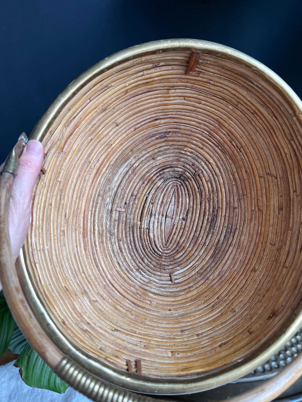 photo vinterior Vintage 1960s Pencil Reed And Brass Basket, Gabriella Crespi Style Decor