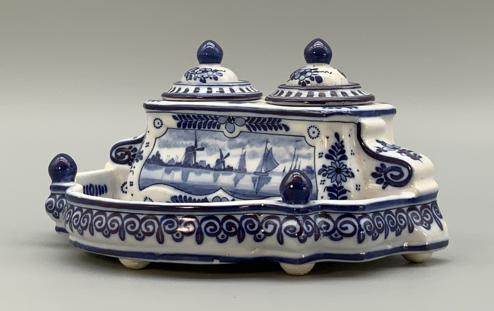 Dutch Delft Desktop Inkwell Stand Blue And White Faience Late 19th Century photo 265.0