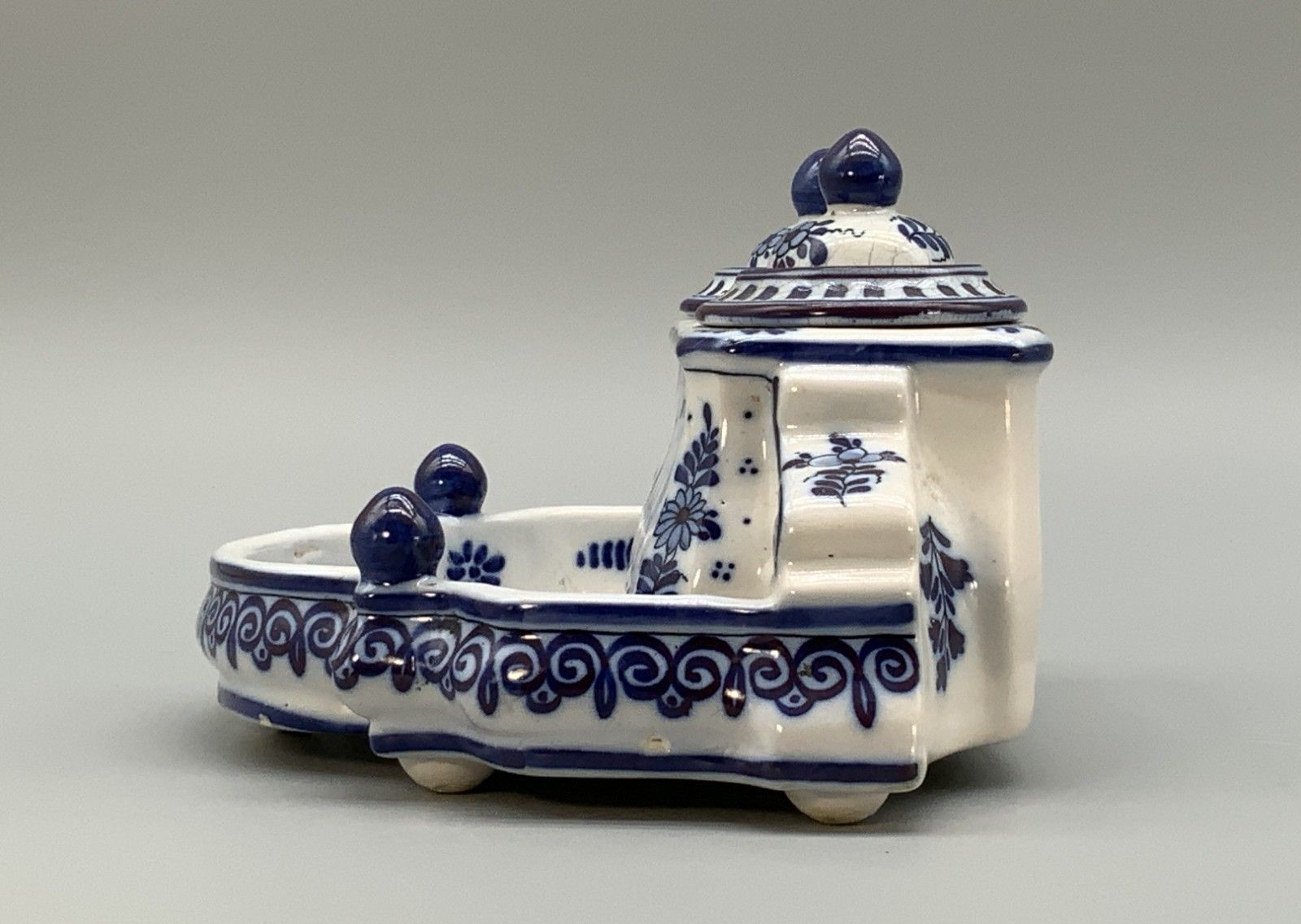 Dutch Delft Desktop Inkwell Stand Blue And White Faience Late 19th Century photo buy