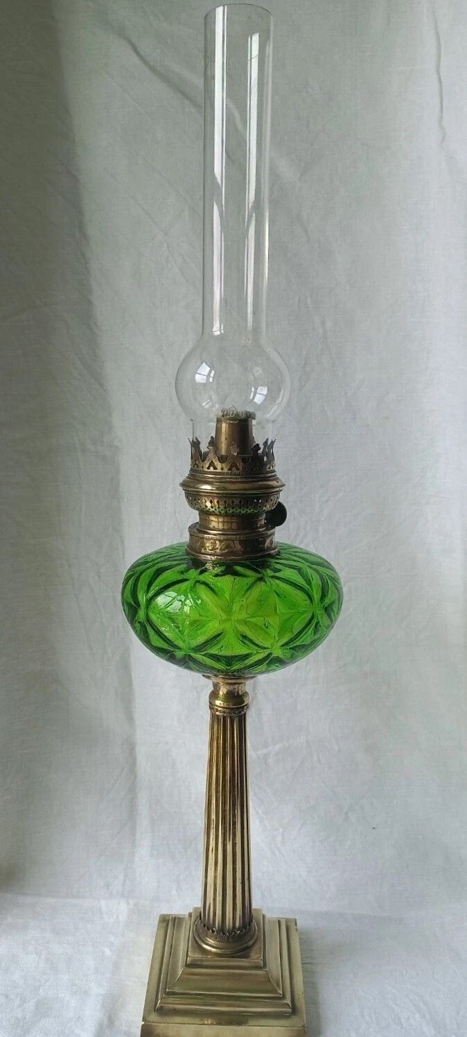 Vintage French Solid Brass / Green Glass Oil Lamp With Wick photo furniture