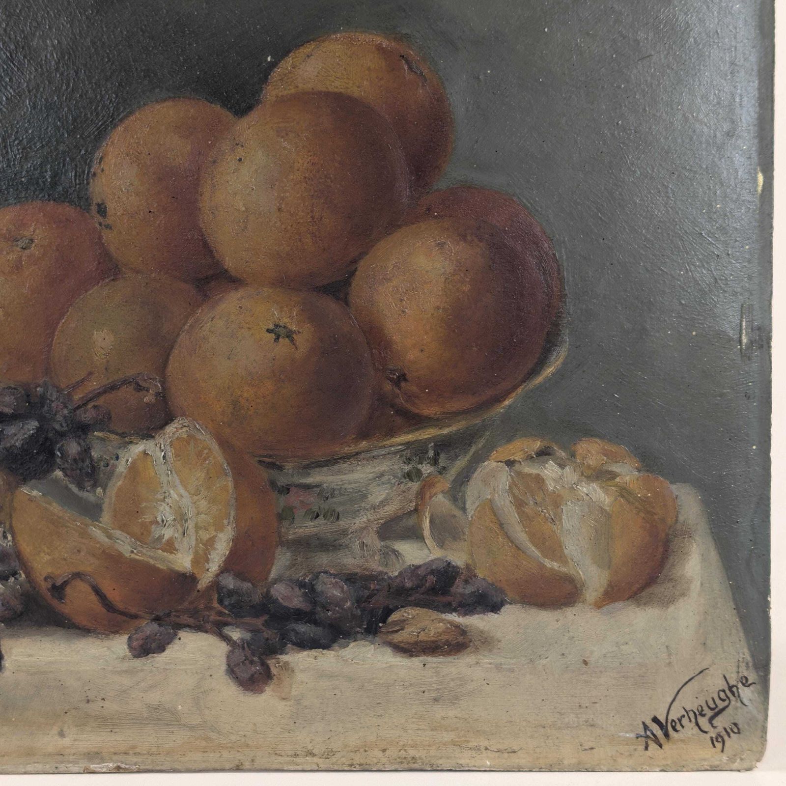 Antique 1910 Oil Painting Still Life, Dark Moody Fruit And Wine Art On Board, Signed A. Verheughe, Unframed Rustic Kitchen Decor photo furniture