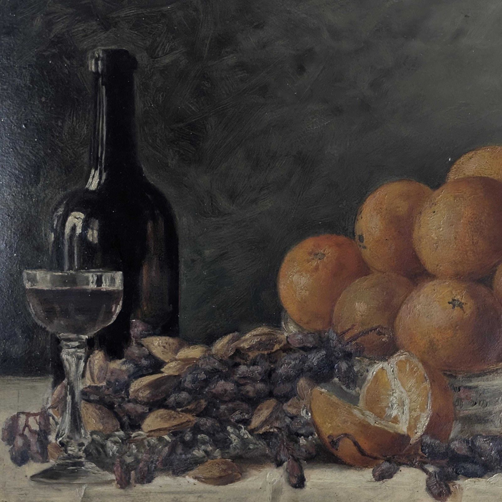 Antique 1910 Oil Painting Still Life, Dark Moody Fruit And Wine Art On Board, Signed A. Verheughe, Unframed Rustic Kitchen Decor photo Art