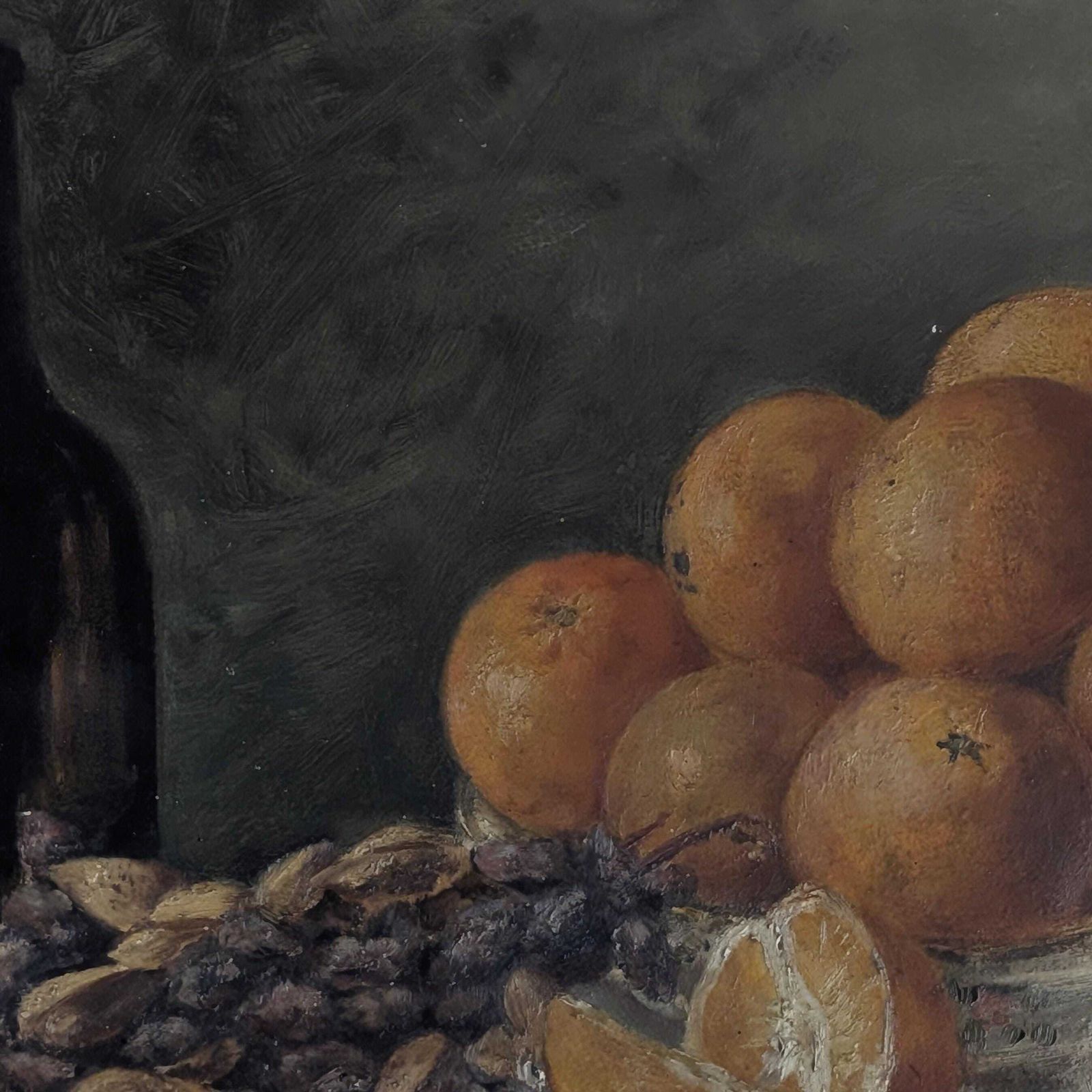 Antique 1910 Oil Painting Still Life, Dark Moody Fruit And Wine Art On Board, Signed A. Verheughe, Unframed Rustic Kitchen Decor photo vinterior