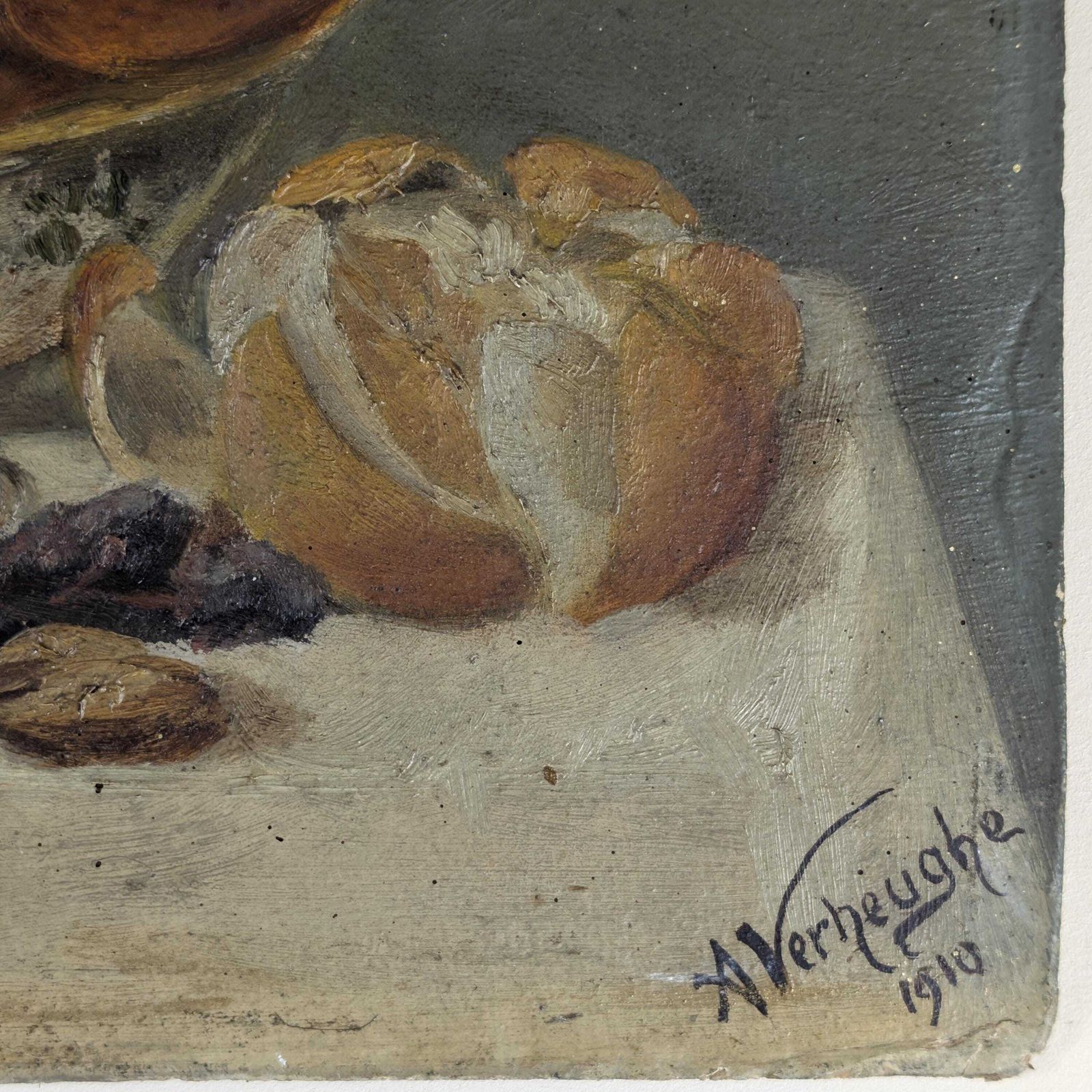 photo for sale Antique 1910 Oil Painting Still Life, Dark Moody Fruit And Wine Art On Board, Signed A. Verheughe, Unframed Rustic Kitchen Decor