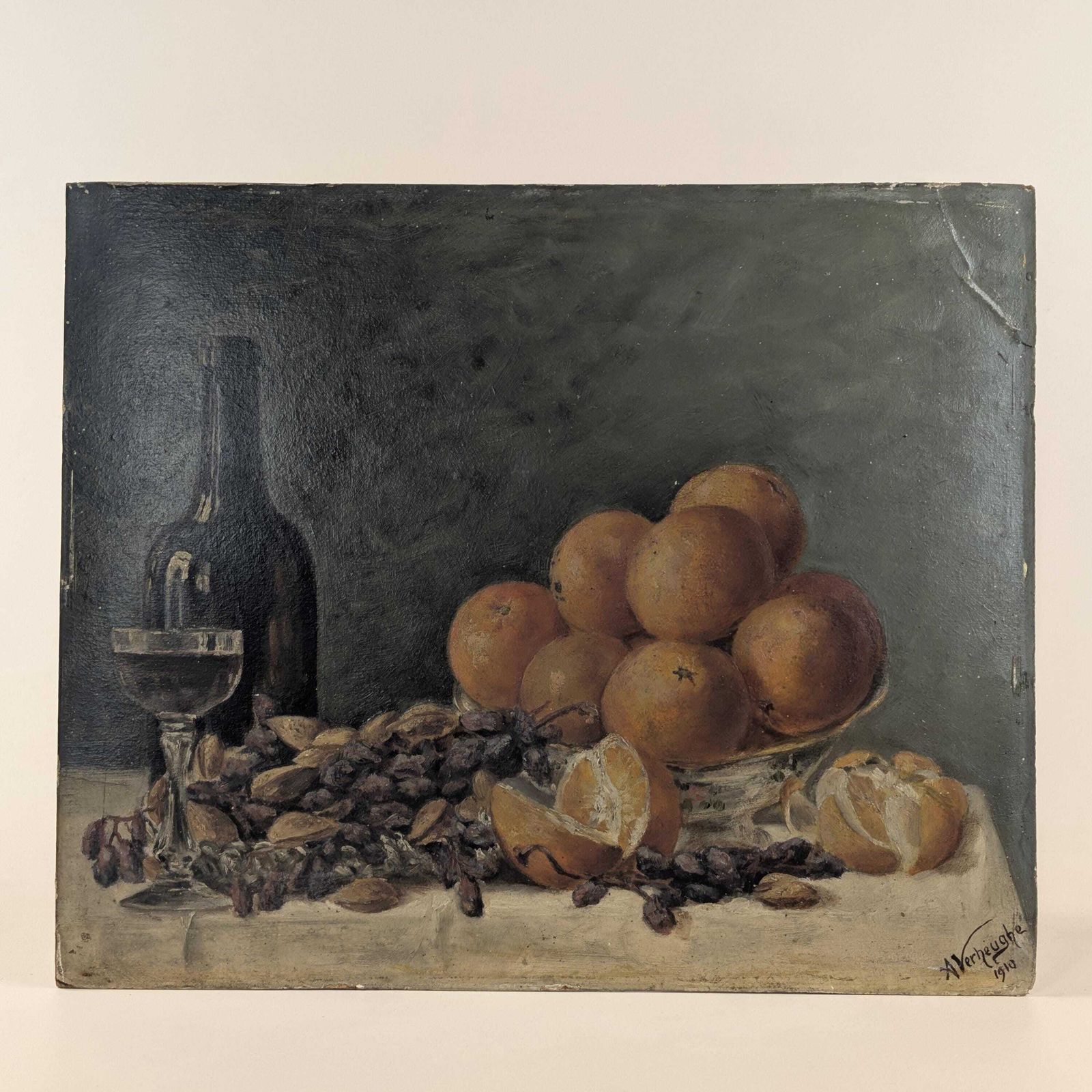photo vinterior Antique 1910 Oil Painting Still Life, Dark Moody Fruit And Wine Art On Board, Signed A. Verheughe, Unframed Rustic Kitchen Decor