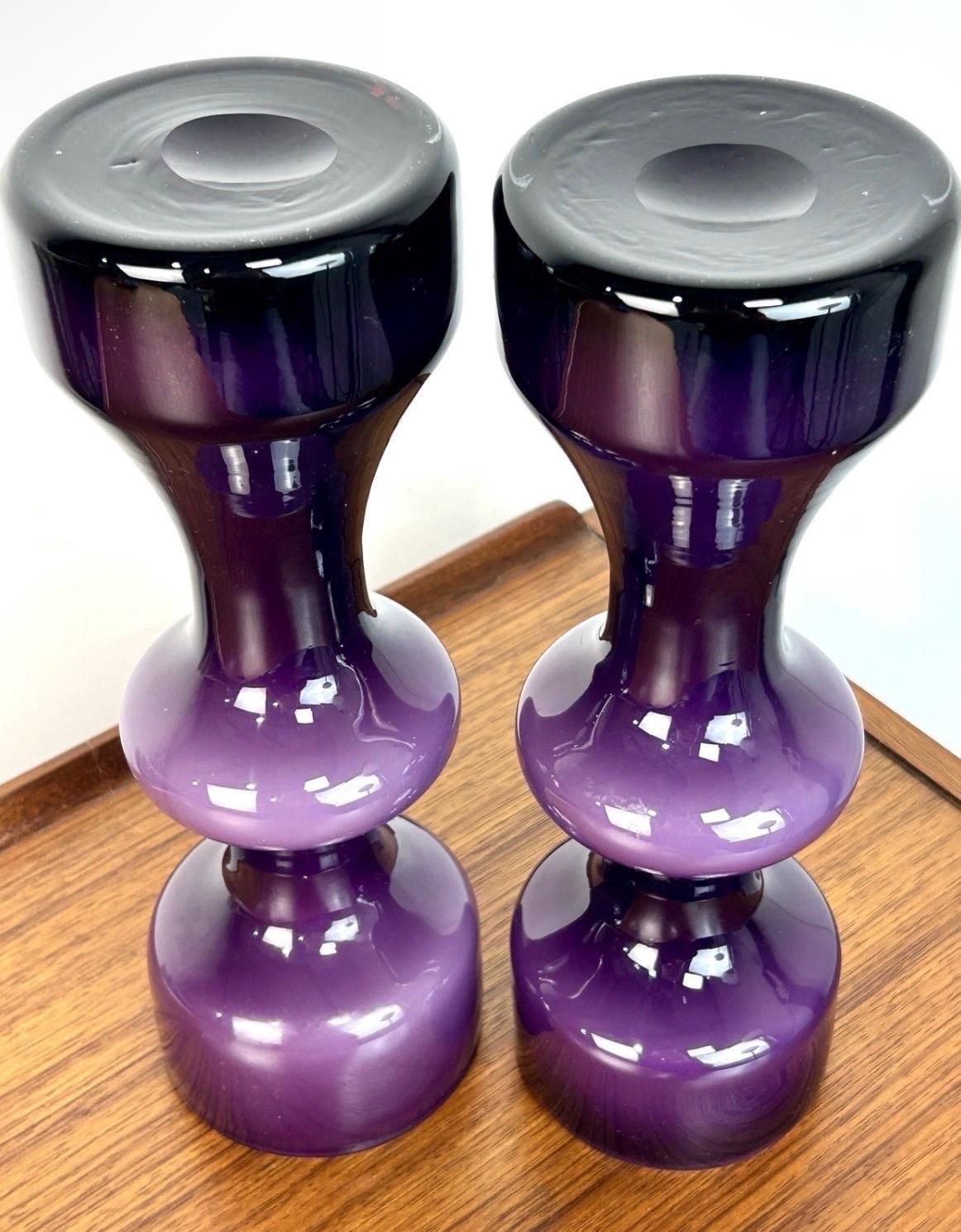 Pair Of Mid Century Modern Purple Cased Hooped Art Glass Vases Tall Sculptural. photo furniture