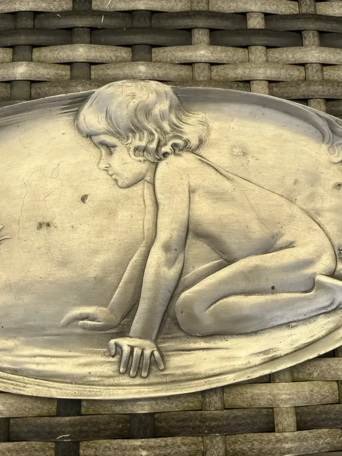 Vintage Art Nouveau Style Child & Snail Pewter Card Tray After Original By Wmf photo vinterior