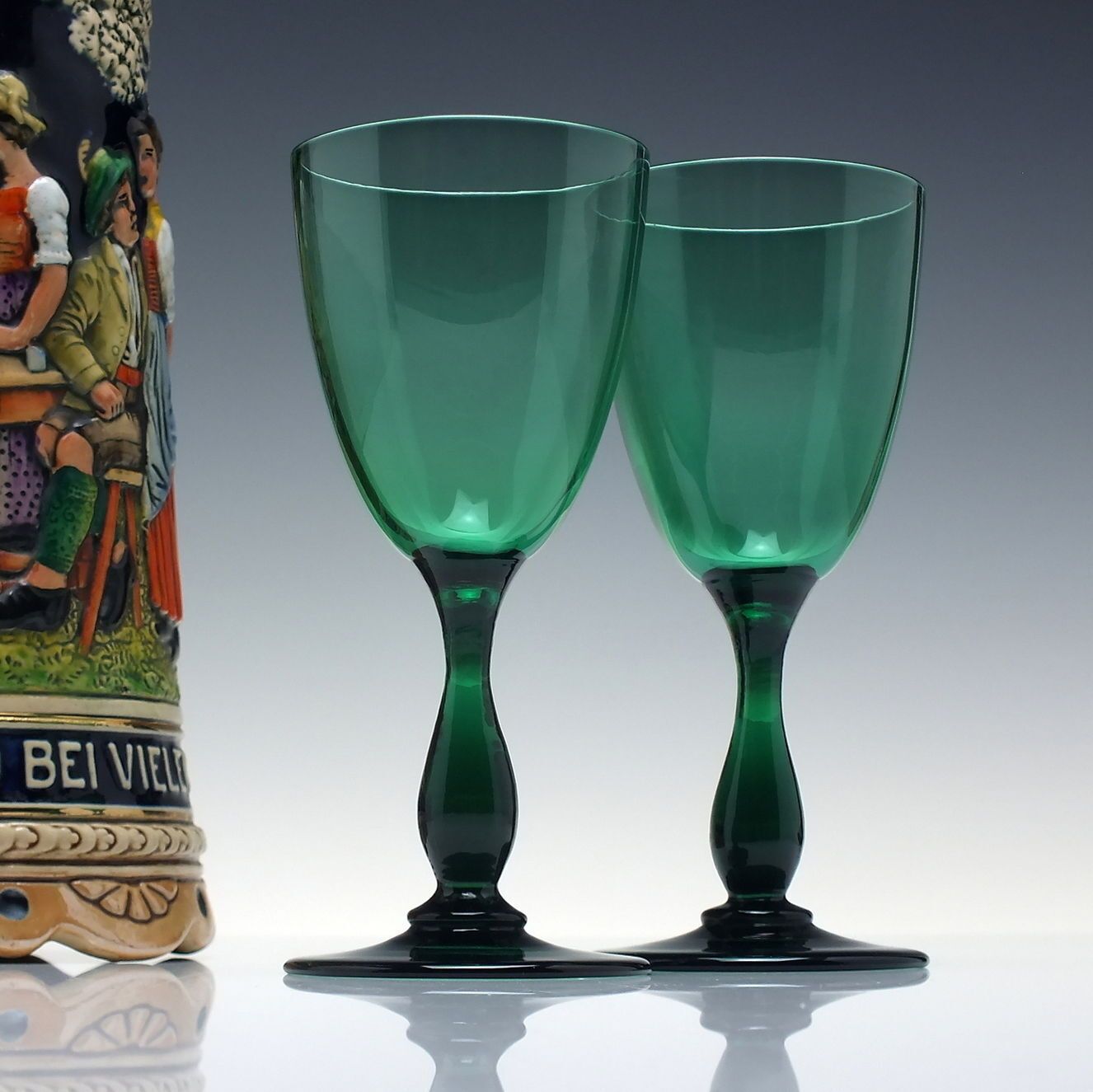 Pair Of Tall 19th Century Victorian Green Wine Glasses C1850