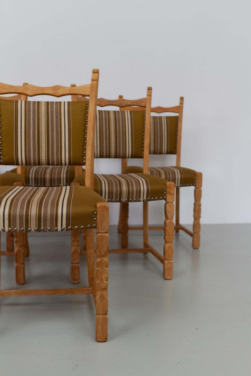photo for sale Danish Brutalist Oak Dining Chairs By Henning Kjærnulf, 1970s. Set Of 6.