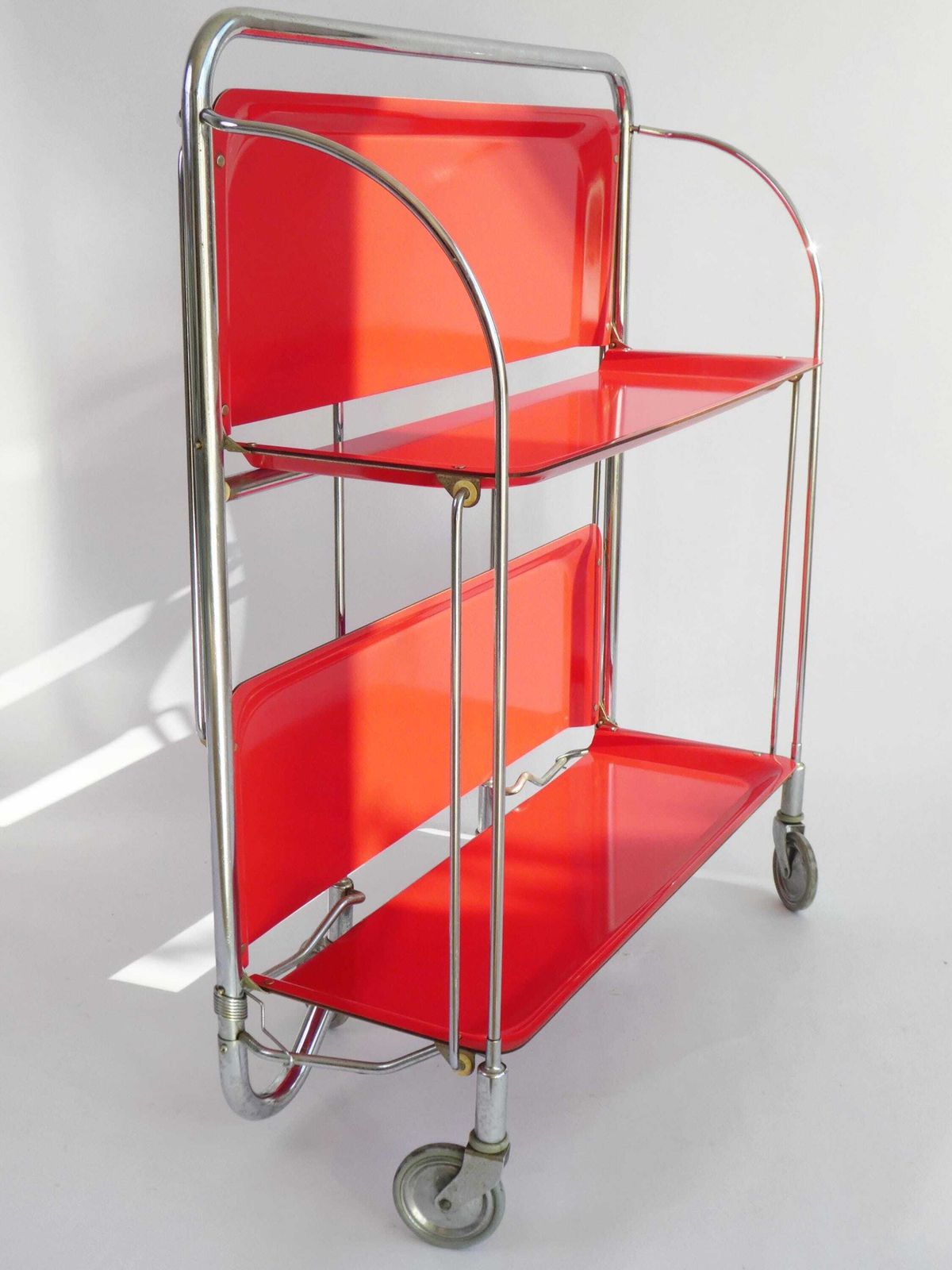 Iconic Red Mid Century Foldable Bar Cart, Rare Vintage Dinett Serving Trolley With Chrome Metal Design, Tea Cart Entertainment Trolley photo vinterior