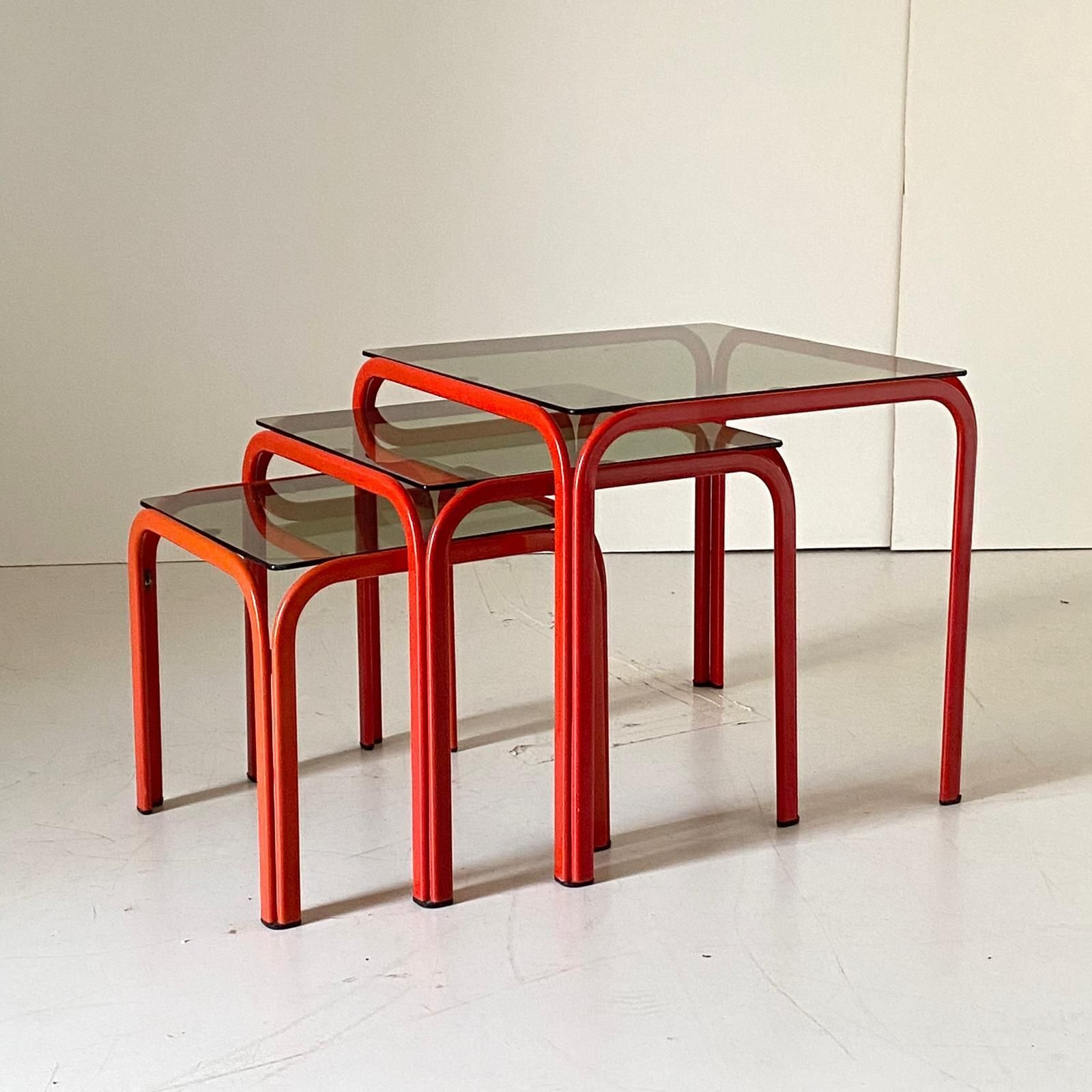 1970s Vintage Italian Nesting Tables With Red Iron Frame & Smoked Glass photo 990.0