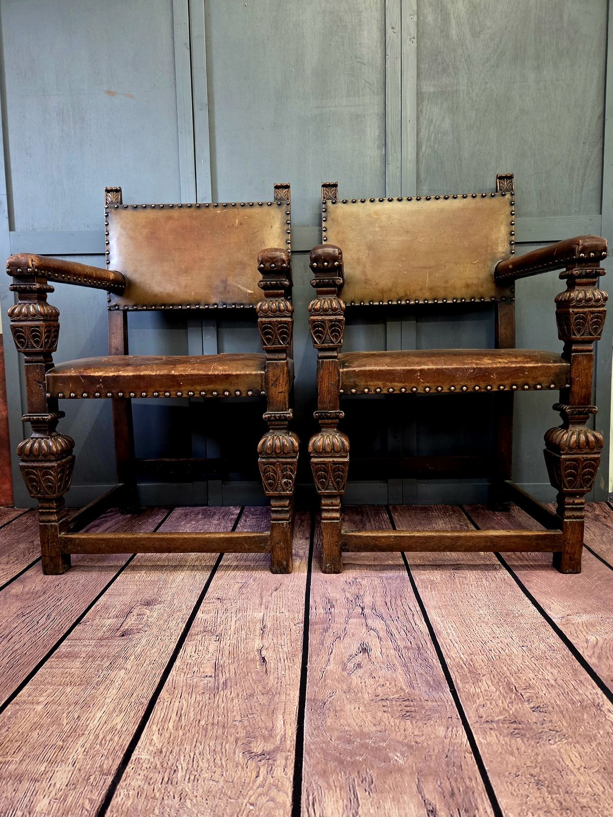 Pair Of Late 19th Century Jacobean Revival Carved Oak Armchairs With Original Studded Leather photo furniture