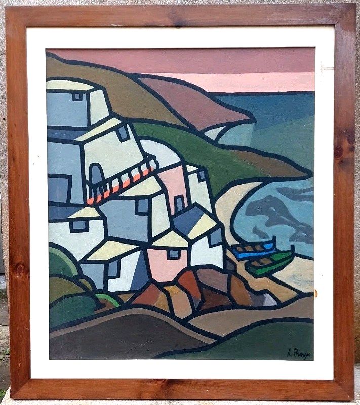 Oil Painting On Canvas "Fishermen's Houses" Frank Prayer (1924) 70 X 60 Cm