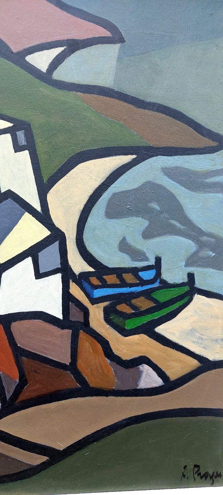 Oil Painting On Canvas "Fishermen's Houses" Frank Prayer (1924) 70 X 60 Cm photo for sale