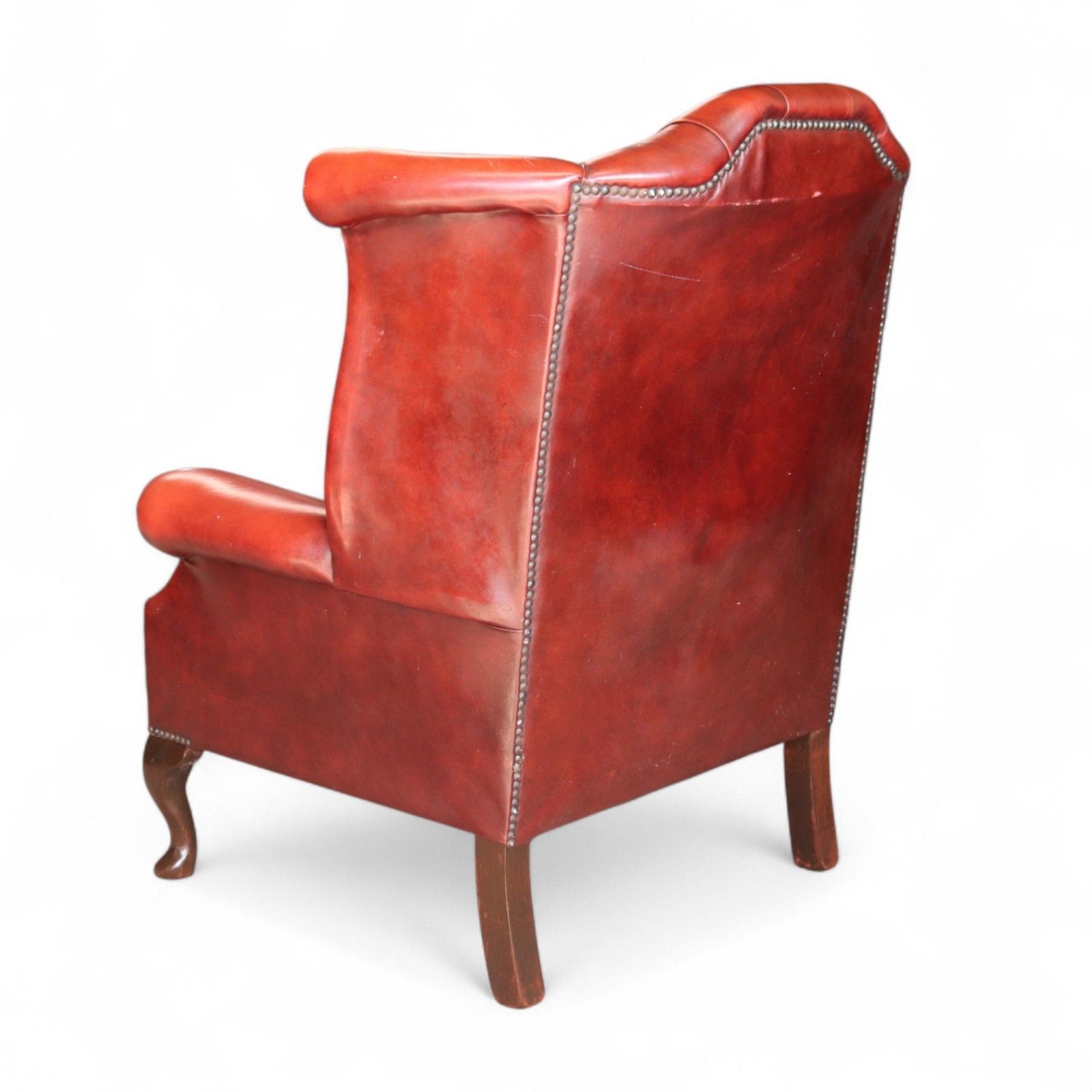 photo buy Vintage Oxblood Red Leather Wingback Queen Anne Style  Chesterfield Armchair