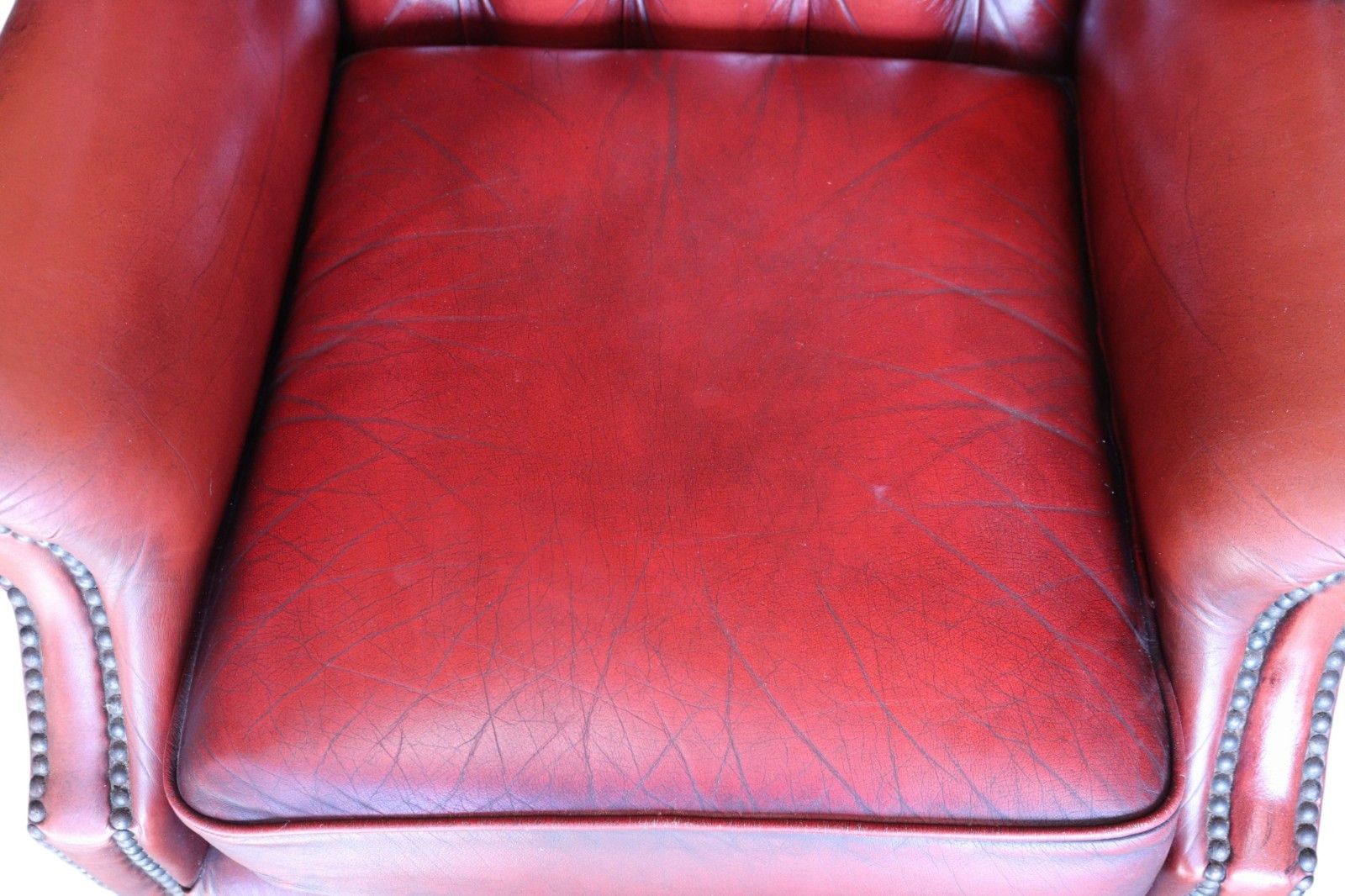 Vintage Oxblood Red Leather Wingback Queen Anne Style  Chesterfield Chair photo 525.0