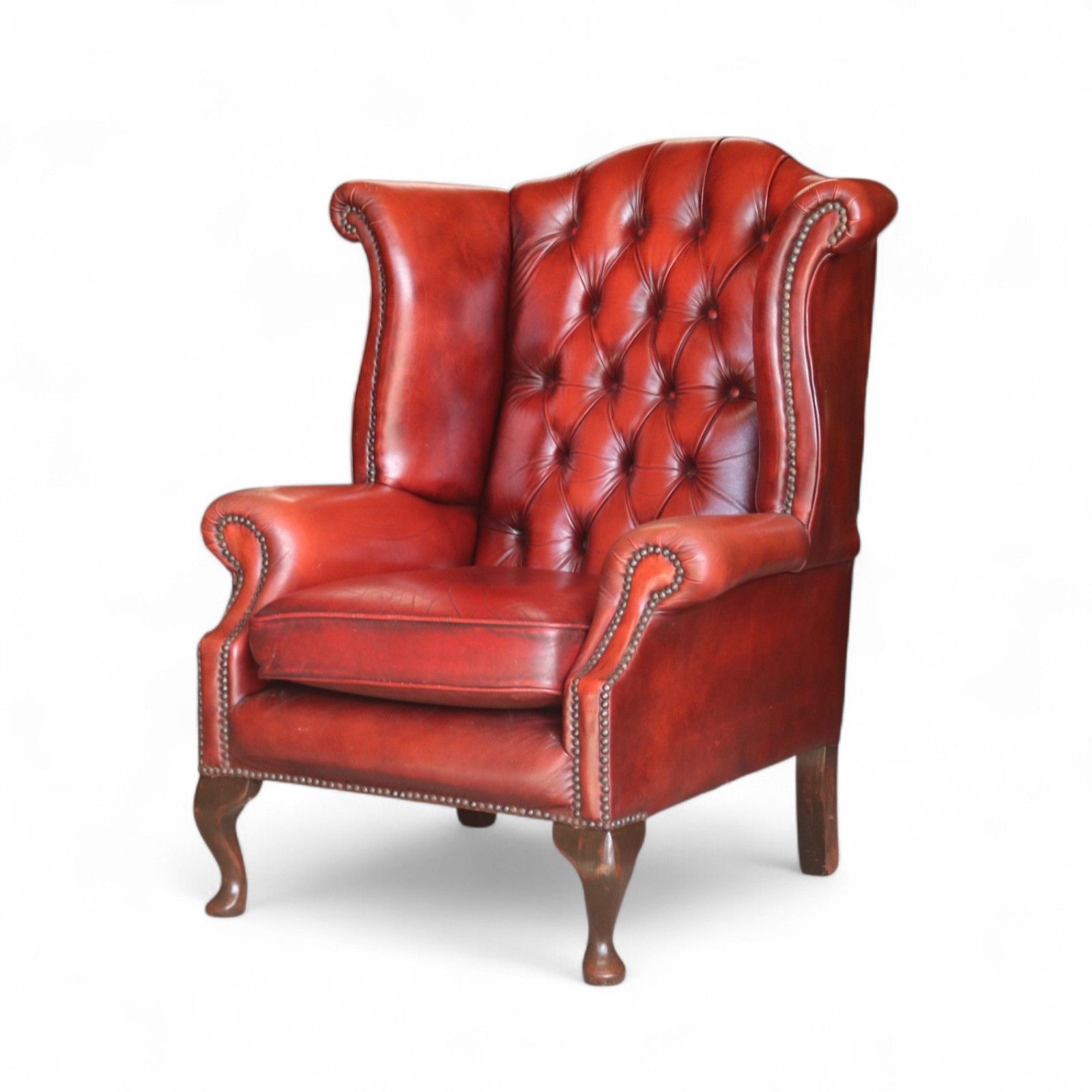 Furniture Vintage Oxblood Red Leather Wingback Queen Anne Style  Chesterfield Chair photo