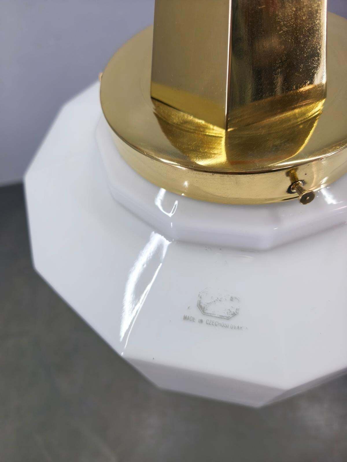 photo buy Art Deco Brass Pendant With Geometric Opaline Glass, Czechoslovakia 1930s