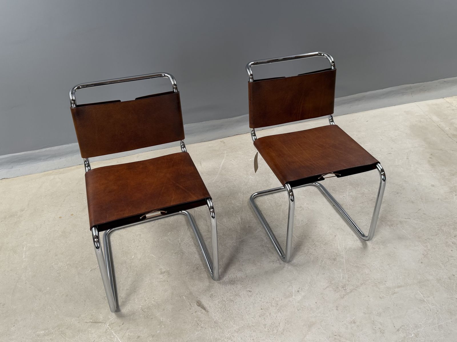 photo for sale Pair Of Dining Or Side Or Hall Bauhaus Cantilever Chairs  Mart Stam S33 Style  Chrome & Saddle Leather
