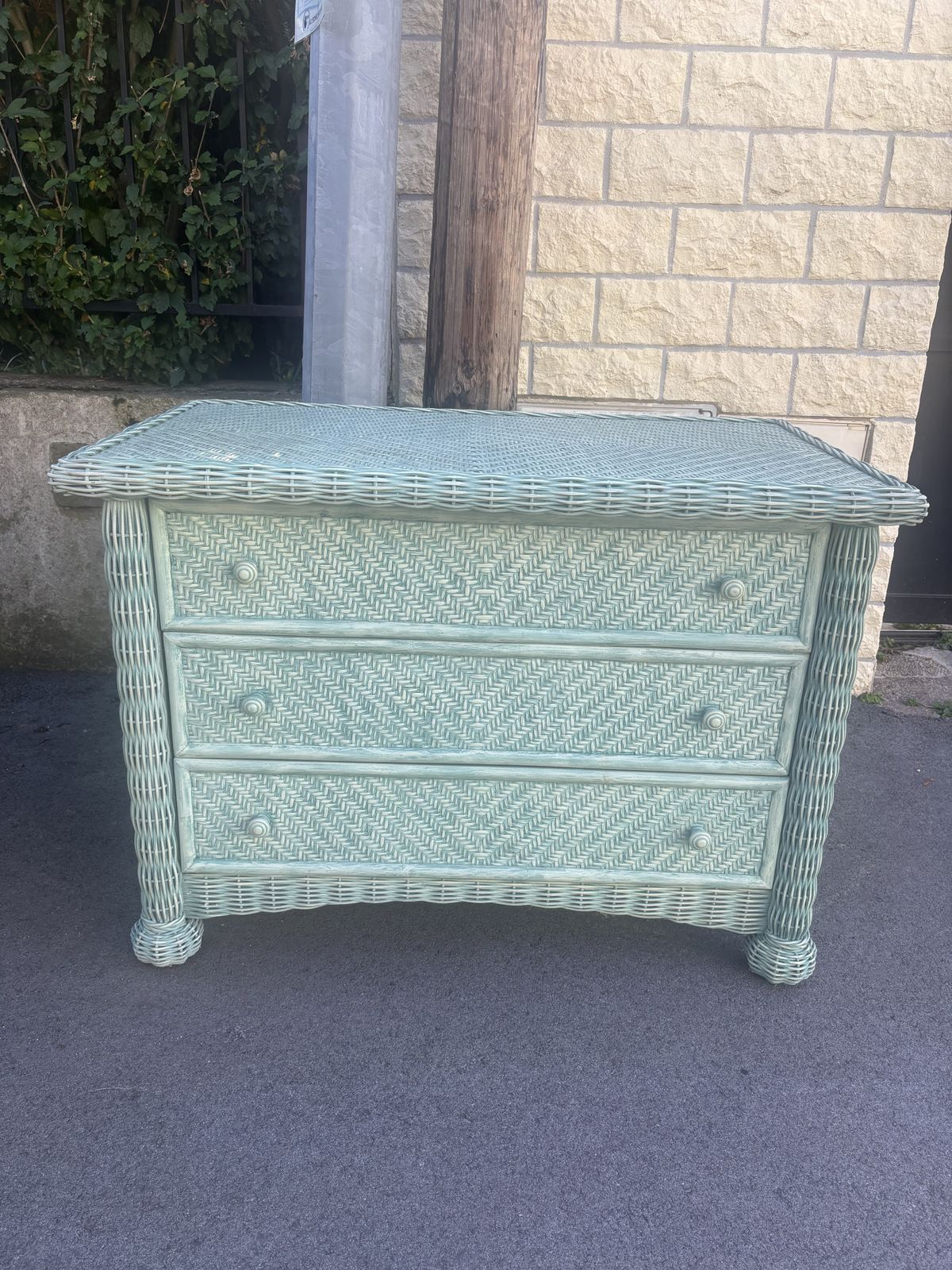Vintage Italian Baby Blue Wicker Chest Of Drawers Storage