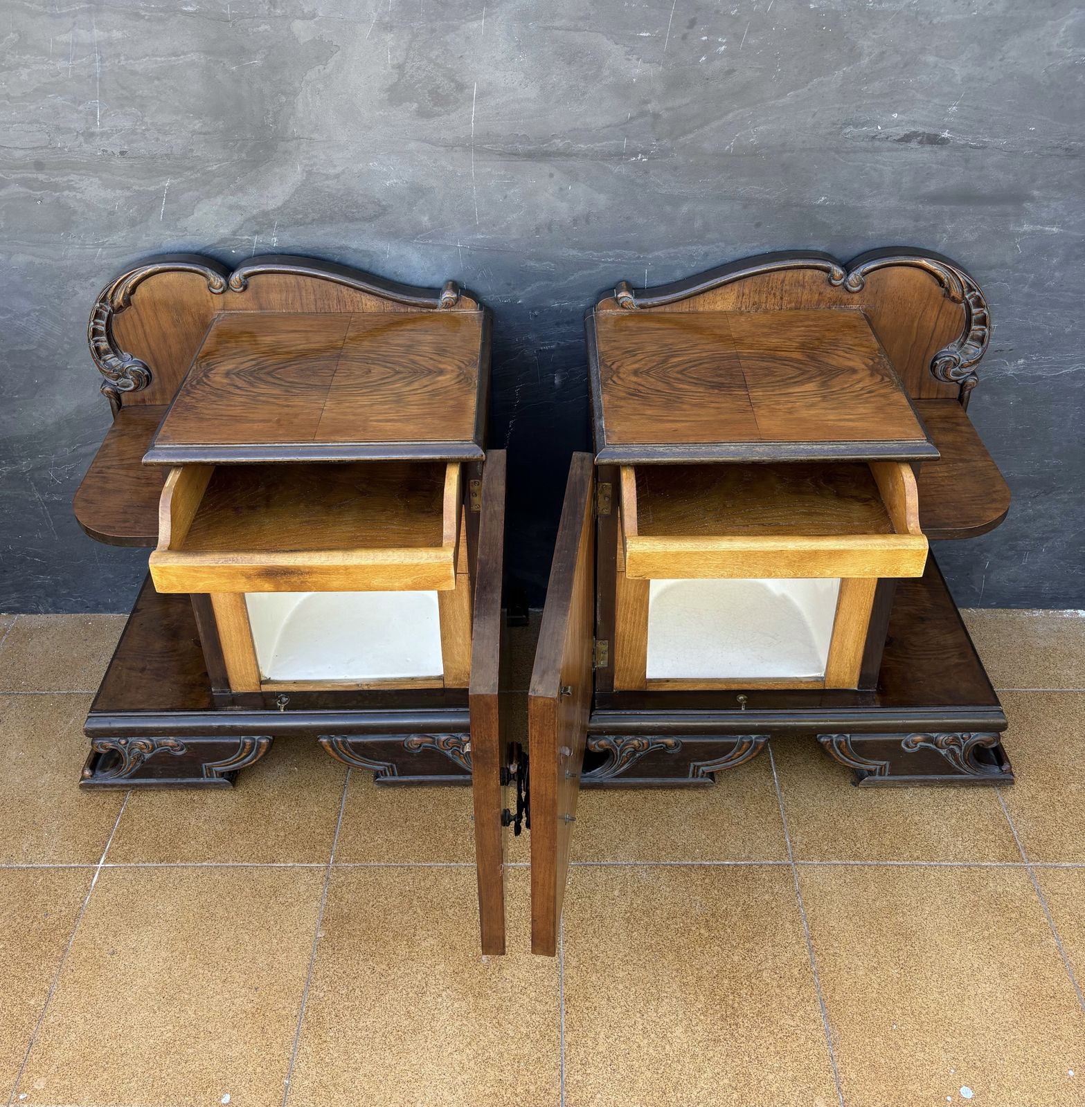 Pair Of Art Deco Walnut Bedside Nightstands, 1930s photo Furniture