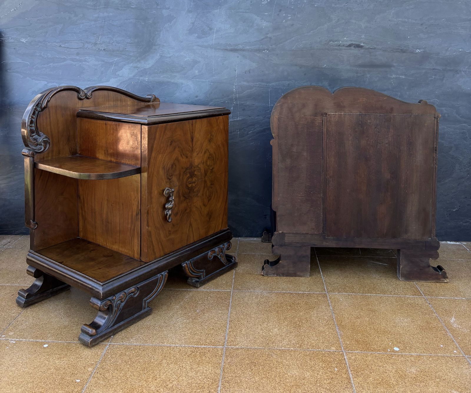 photo for sale Pair Of Art Deco Walnut Bedside Nightstands, 1930s